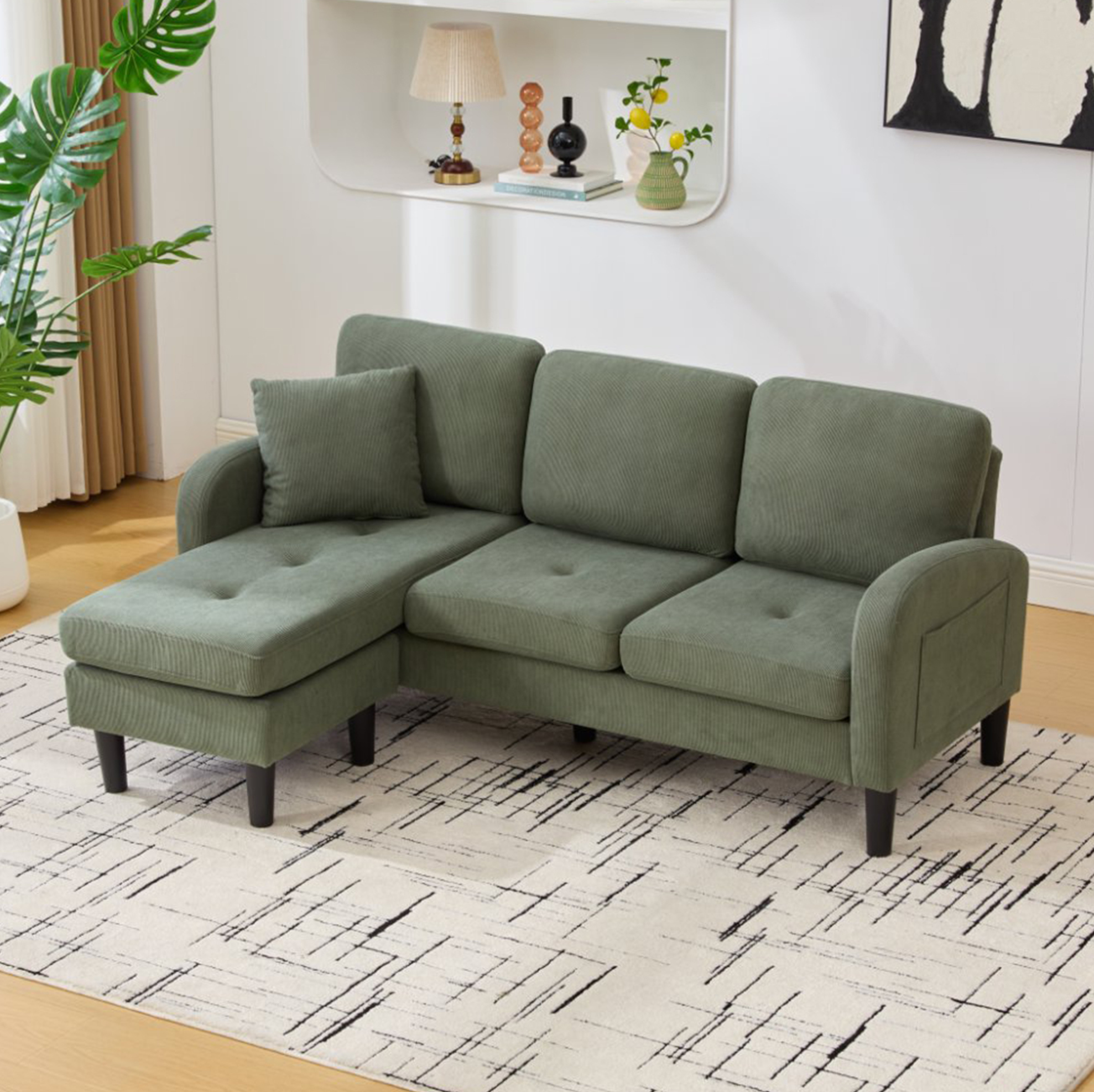 Okwish Ecksofa 3-sitzer Mit Liegefläche, Kunststofffüßen, In Seil, Blaugrün, 166x118x77 Cm