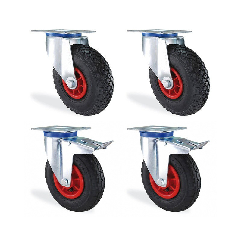 Roulette pivotante 200 mm à frein et sans frein, charge 300 kg, lot de 4