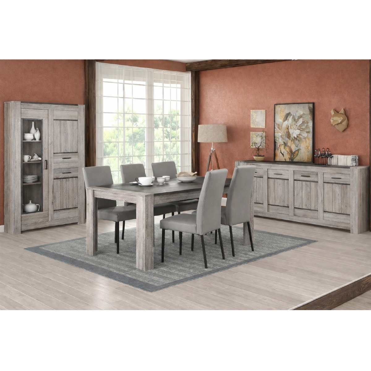 Salle À Manger Complète Moderne 6 Places – Buffet Bas 220cm – Table Rectangulaire 180cm – Coloris Chêne Gris