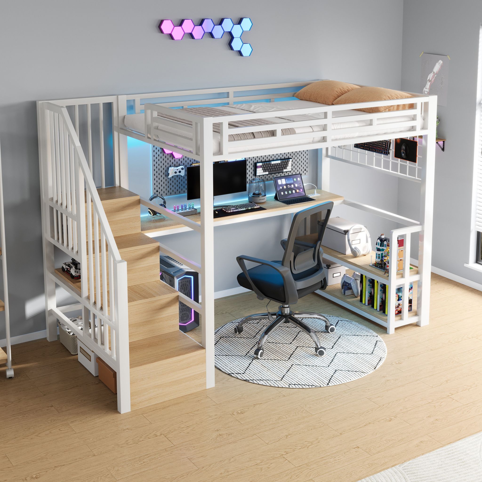 Modenvie Hochbett 90x200 Funktionsbett , mit Lagerregal Und Led-lichtleiste, jugendbett Mit 2 Usb-anschlüssen Und 1 Typ-c-buchse, bettgestell Mit