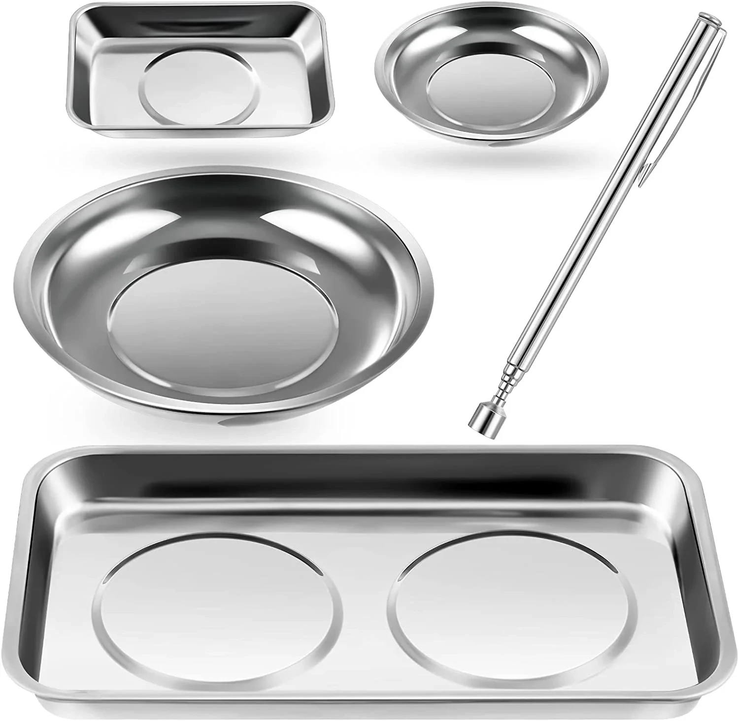 Ensemble de plateau magnétique en acier inoxydable, 4 rondelles rondes et carrées et outil télescopique, 5 pièces