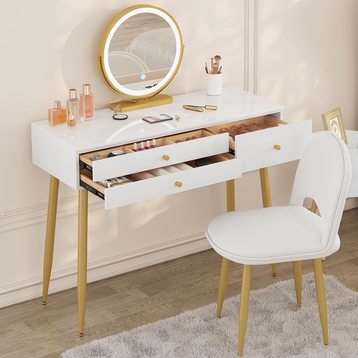 Coiffeuse Avec Miroir Led Réglable Et Chaise En Velours Woltu Table De Maquillage Avec 3 Tiroirs, Crème+or
