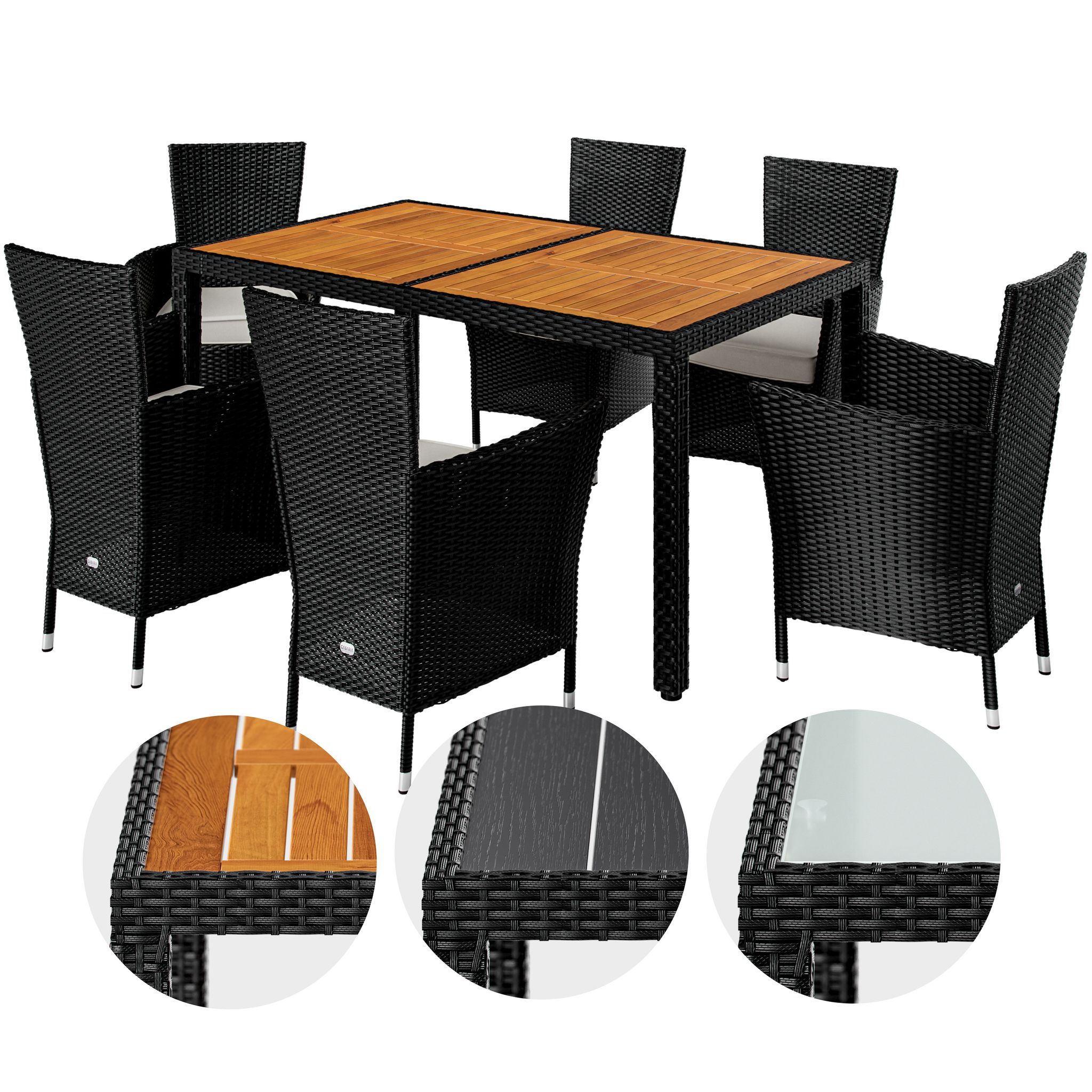 Rattan Garden Furniture Dining Table And Chairs Set Patio Rectangular Black 6 Seater Outdoor Wooden - Casaria