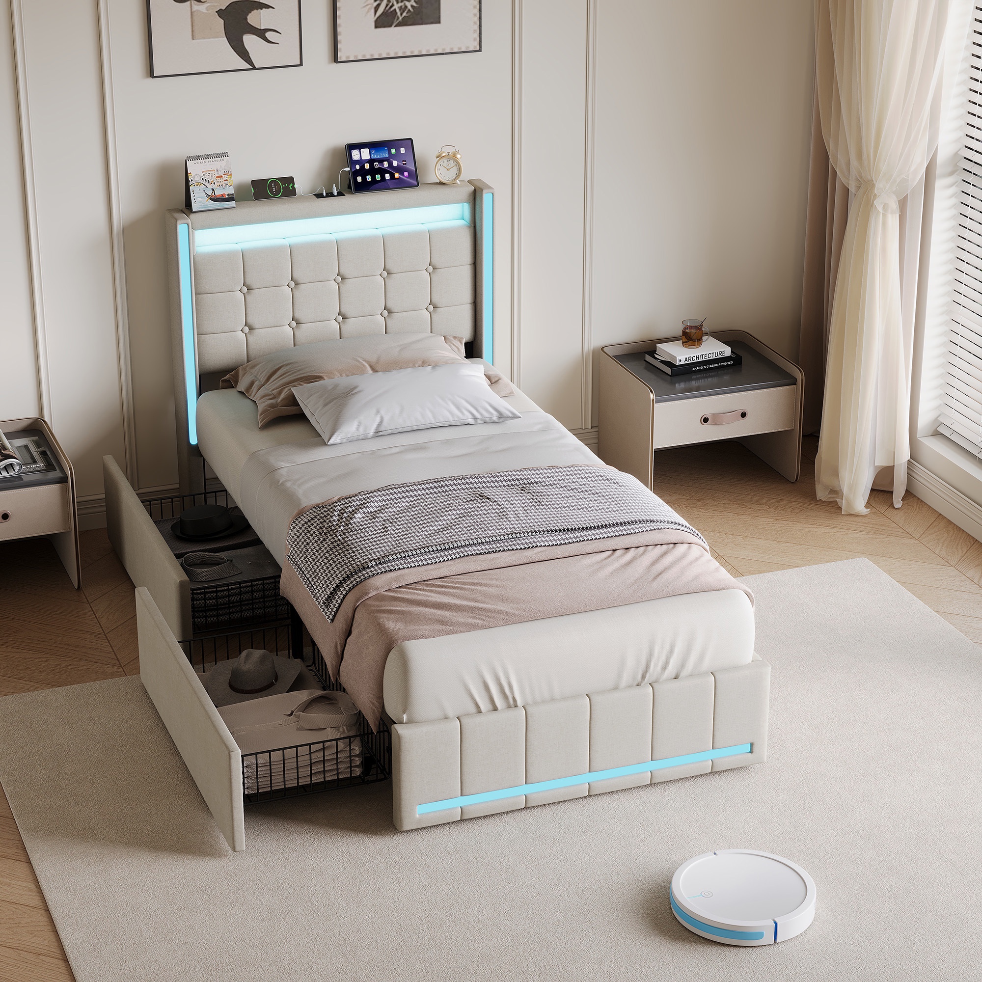 Lit Simple Rembourré 90x200 Cm Avec Tête De Lit À Oreilles Led Rgb, 2 Tiroirs De Rangement Et Station De Charge Usb Type-c, Cadre En Lin - Beige