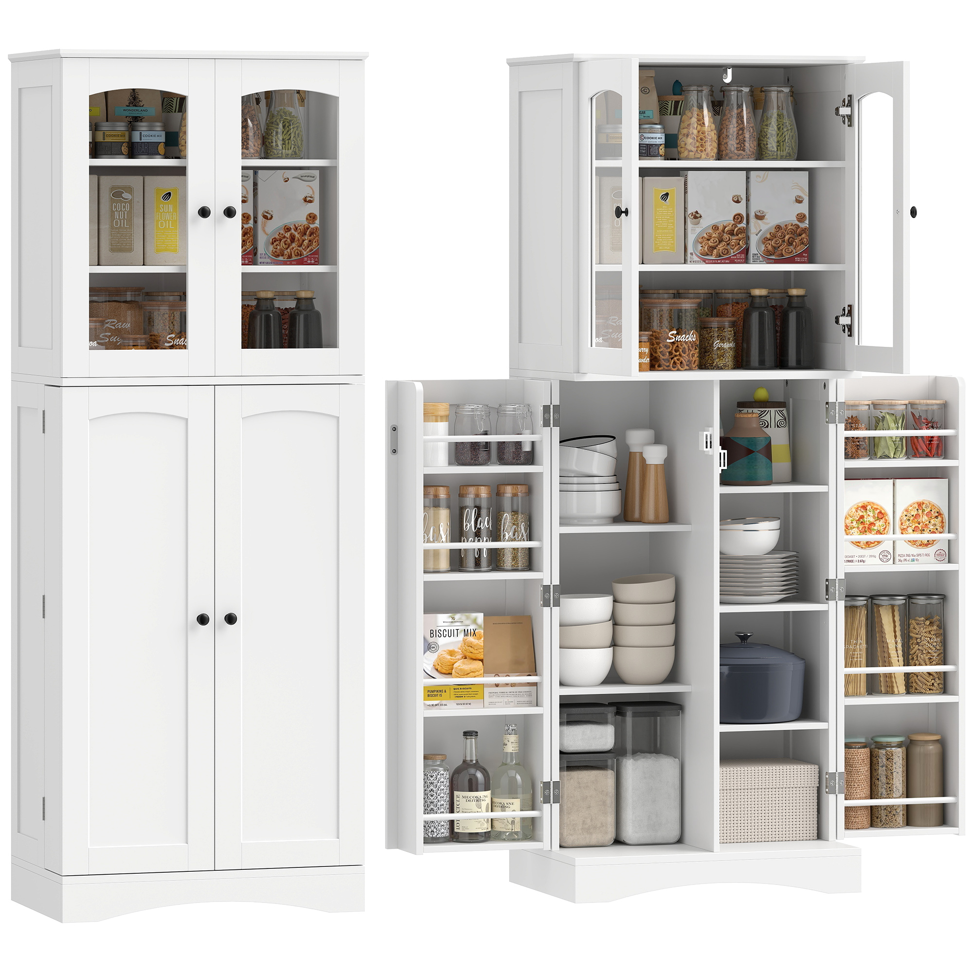 Homcom – Vaisselier Blanc 60x40x162cm – Armoire De Cuisine Avec Vitrines Acryliques – 4 Portes À Fermeture Douce – Étagères Réglables En Mdf
