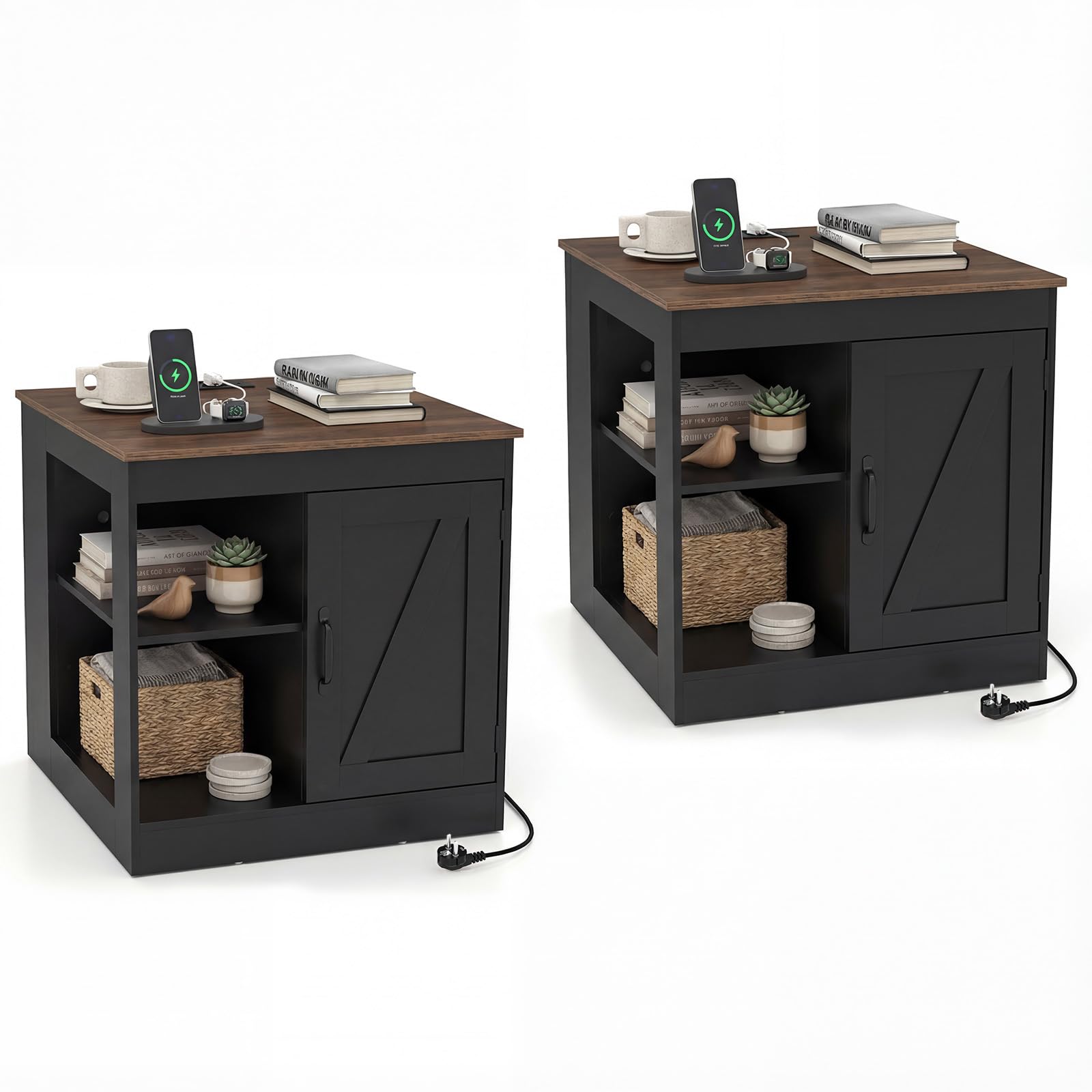 Costway – Table De Chevet En Bois Avec 2 Prises Ac Et Ports Usb