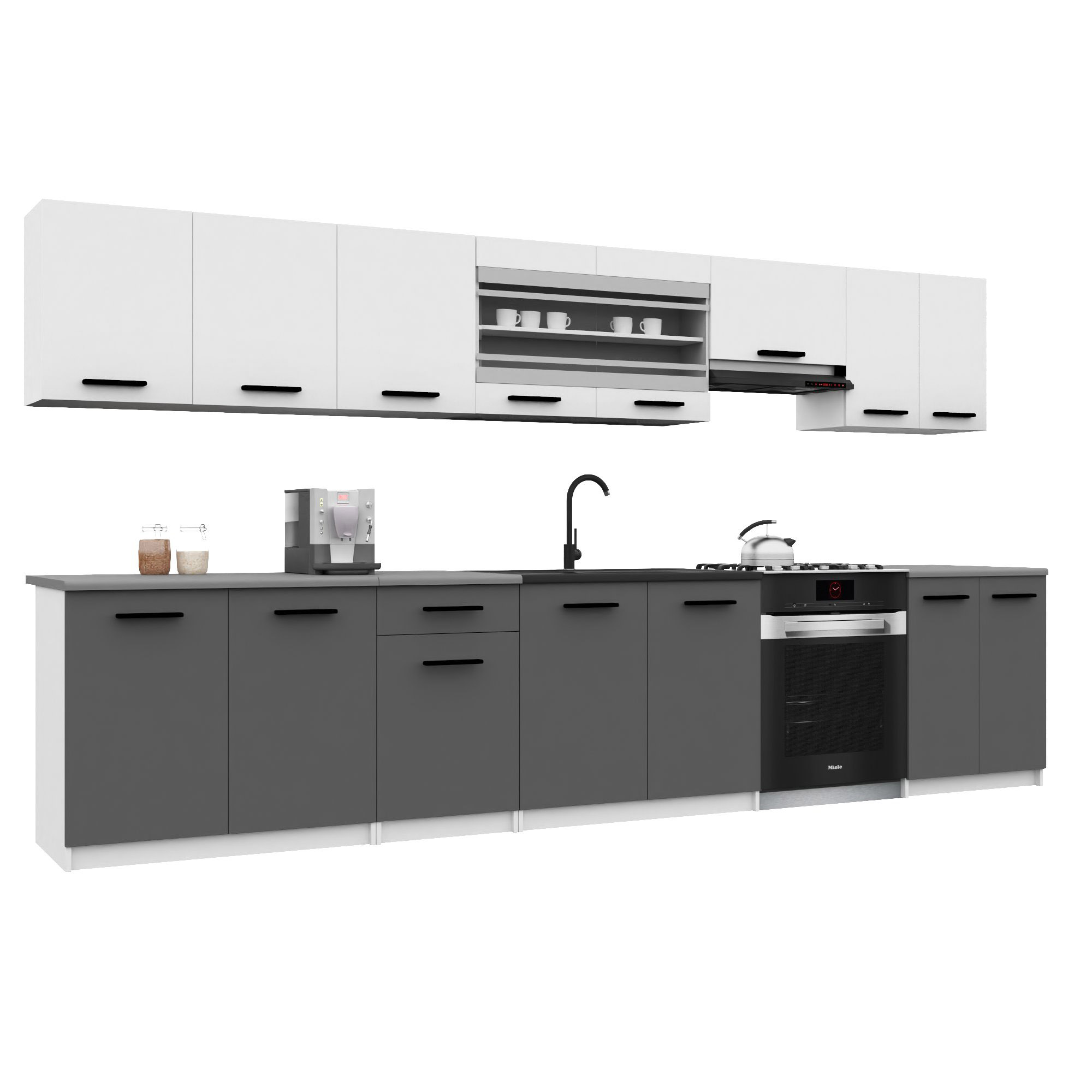 Belini Italia 3 Cuisine Equipée Modulaire Complète - 320 Cm. Meubles Hauts Bas Avec Plan De Travail, Blanc Mat/gris