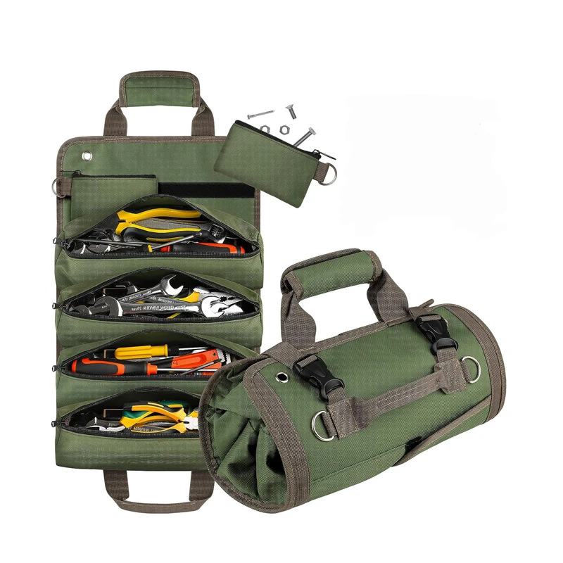 Sac à outils enroulable en tissu Oxford, 4 grands compartiments et 2 pochettes amovibles, vert