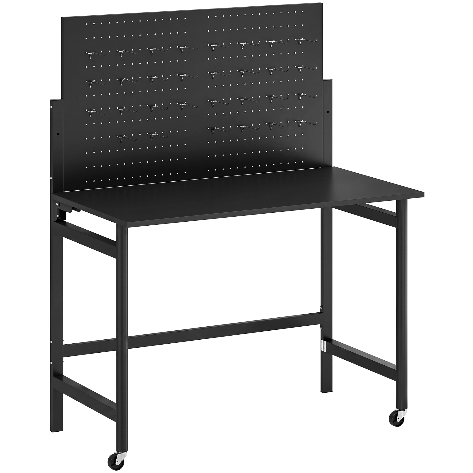Établi d'atelier pliable à roulettes, panneau perforé 105x60 cm et 30 crochets, 115x62x143,5 cm, noir