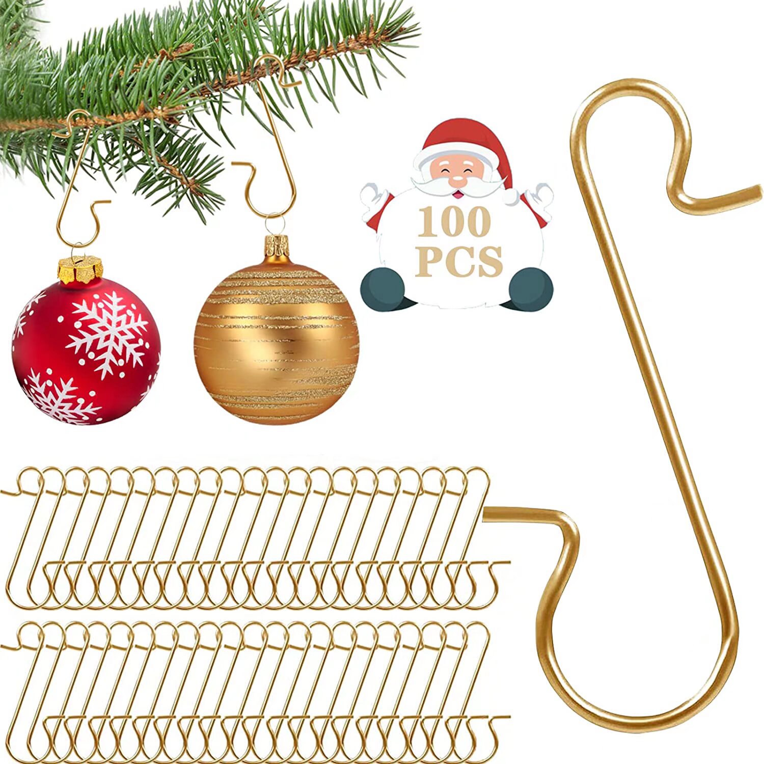 Crochets de Noël en forme de S, suspension de boules et guirlandes, 100 pièces, jaune