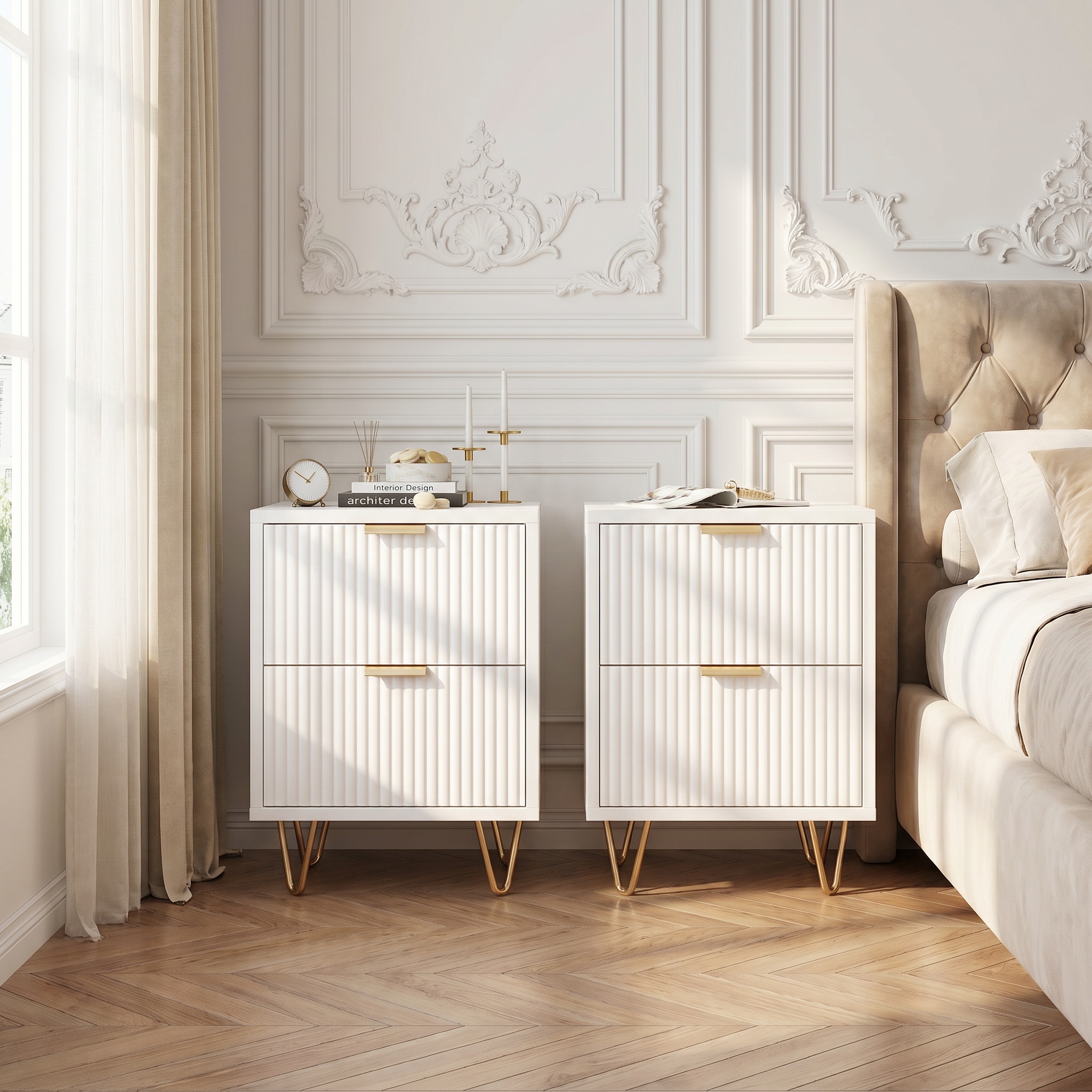 Lot De 2 Tables De Chevet, 2 Tiroirs De Rangement, Pieds En Métal, Dimensions 40 X 40 X 55 Cm, Meuble De Rangement Moderne, Mdf Blanc