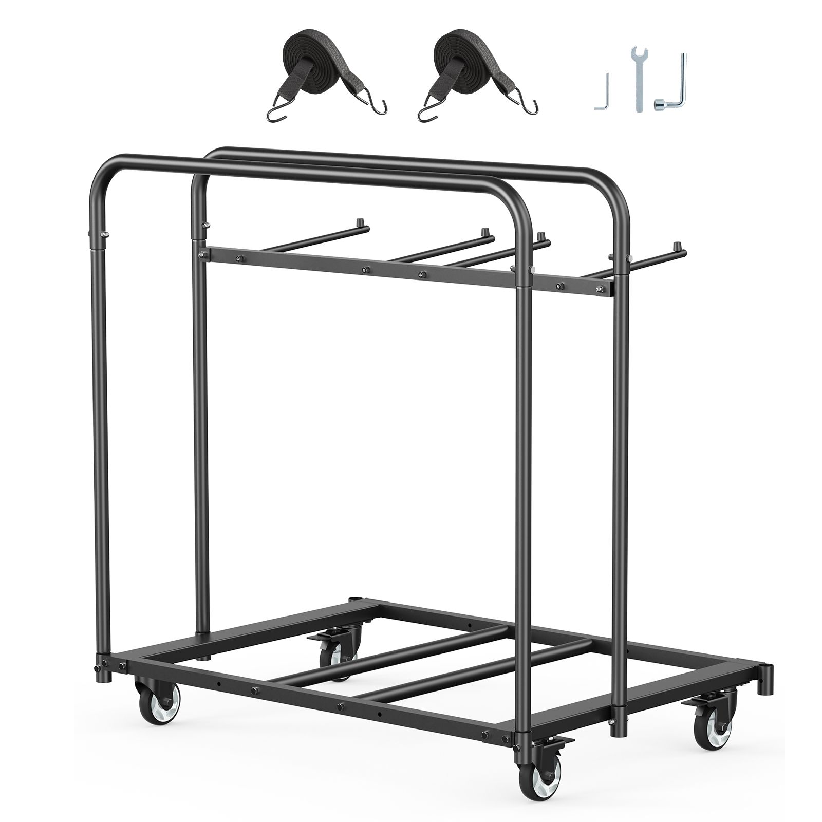 Chariot de transport pour 5 tables et 14 chaises pliantes, acier renforcé, charge 181 kg, roulettes pivotantes avec freins, noir mat
