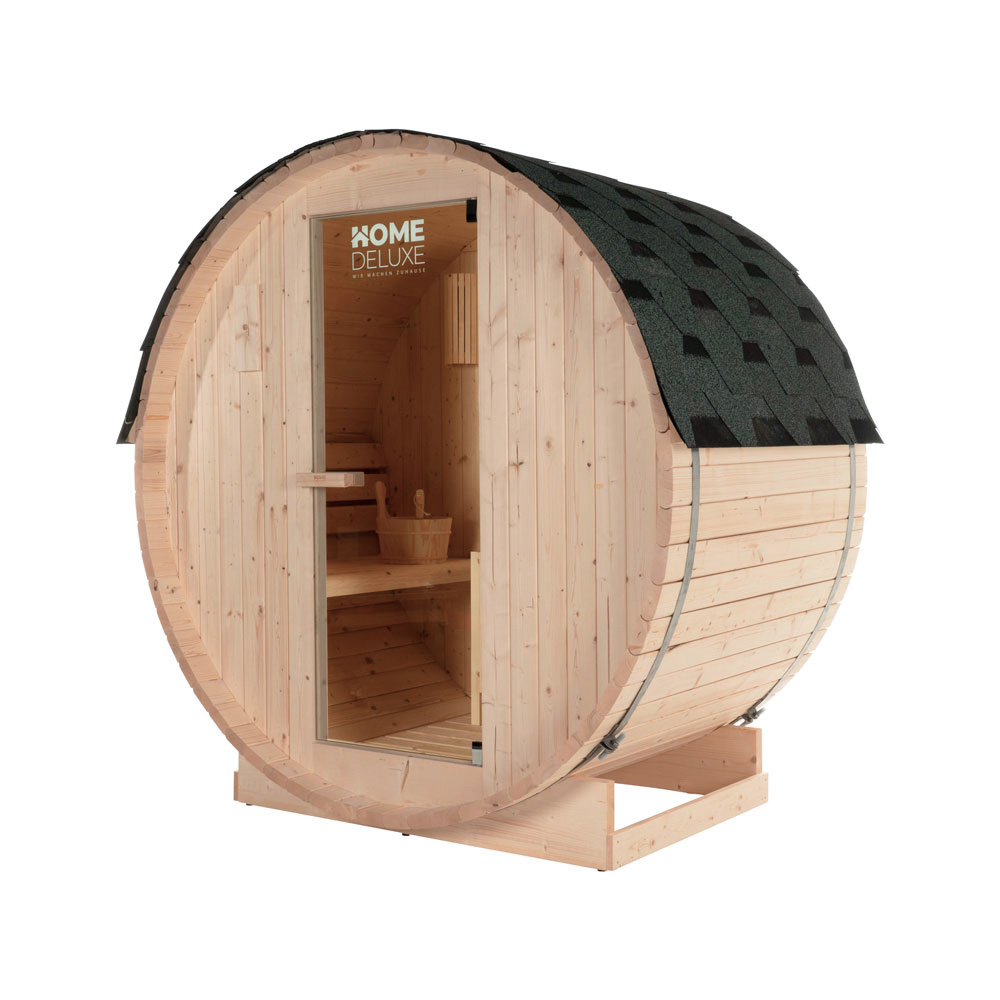 Home Deluxe – Sauna extérieur à tonneau 2 places – 195 x 120 cm – Bois d'épicéa – Poêle 3,6 kW inclus – Température jusqu'à 100°C