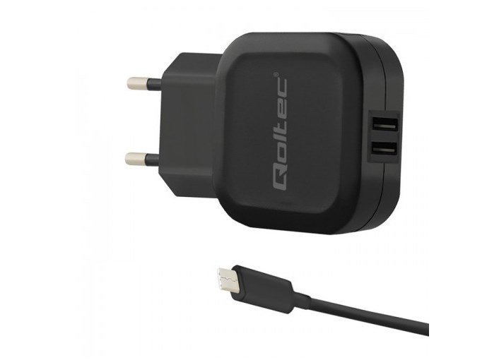 Qoltec Schwarz Wandladegerät 17W 5V 3,4A 2Xusb + Usb Typ-C Kabel