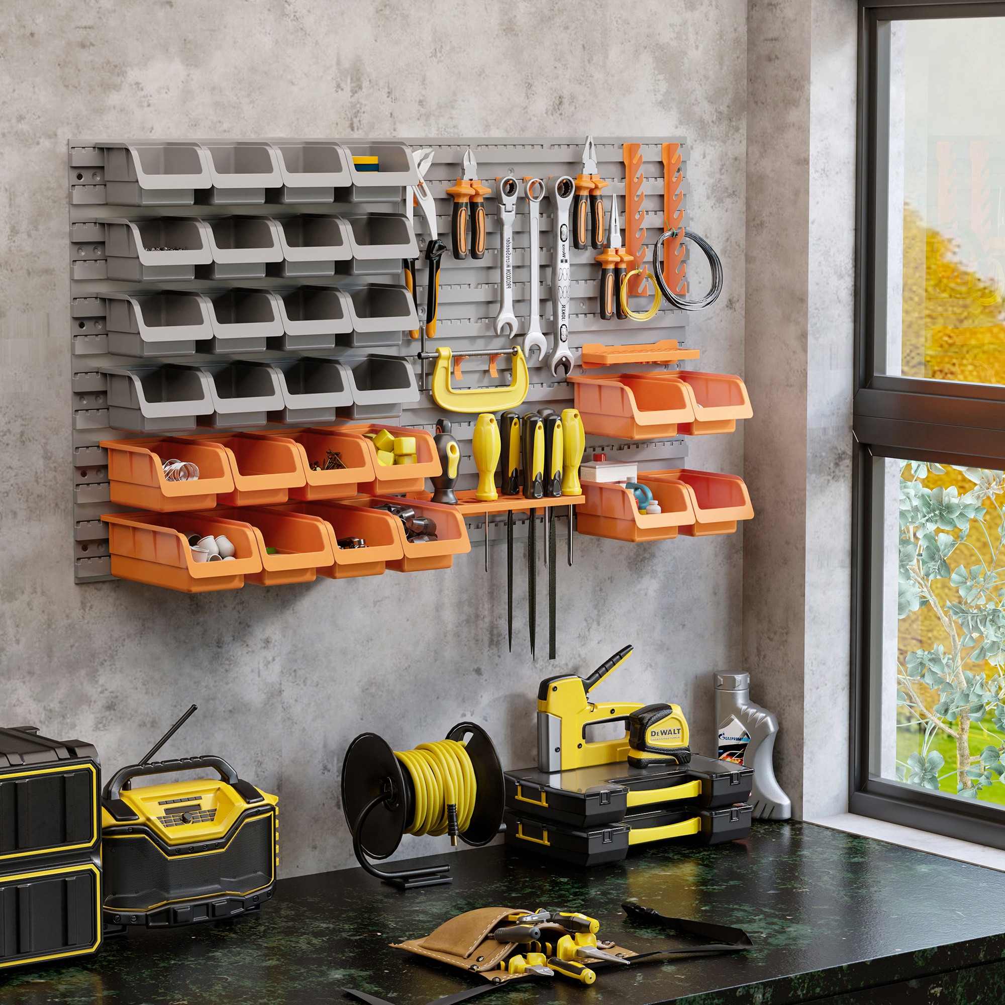 Porte-outils mural 95 x 54 cm avec 28 boîtes empilables et crochets, gris et orange