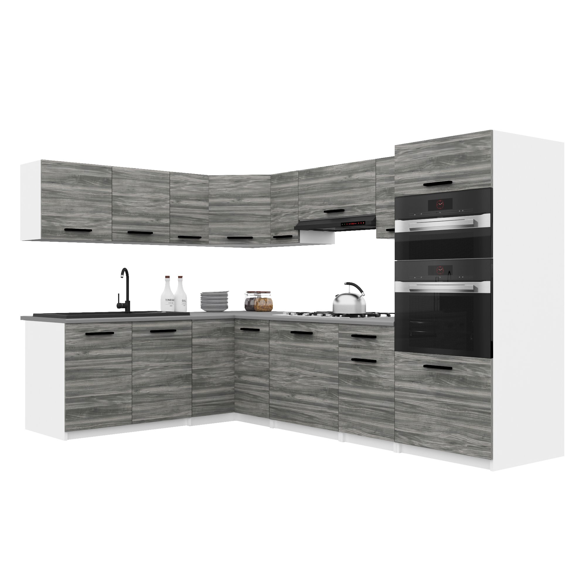 Belini Italia 8 Cuisine Equipée Modulaire Complète - 420 Cm. Meubles Hauts Bas Avec Plan De Travail, Gris Glamour