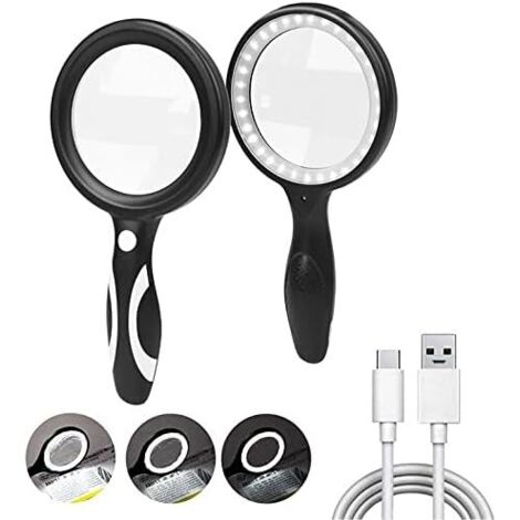 Loupe à main à double lentille 30x avec 33 LED, poignée ABS, batterie 1200 mAh rechargeable USB