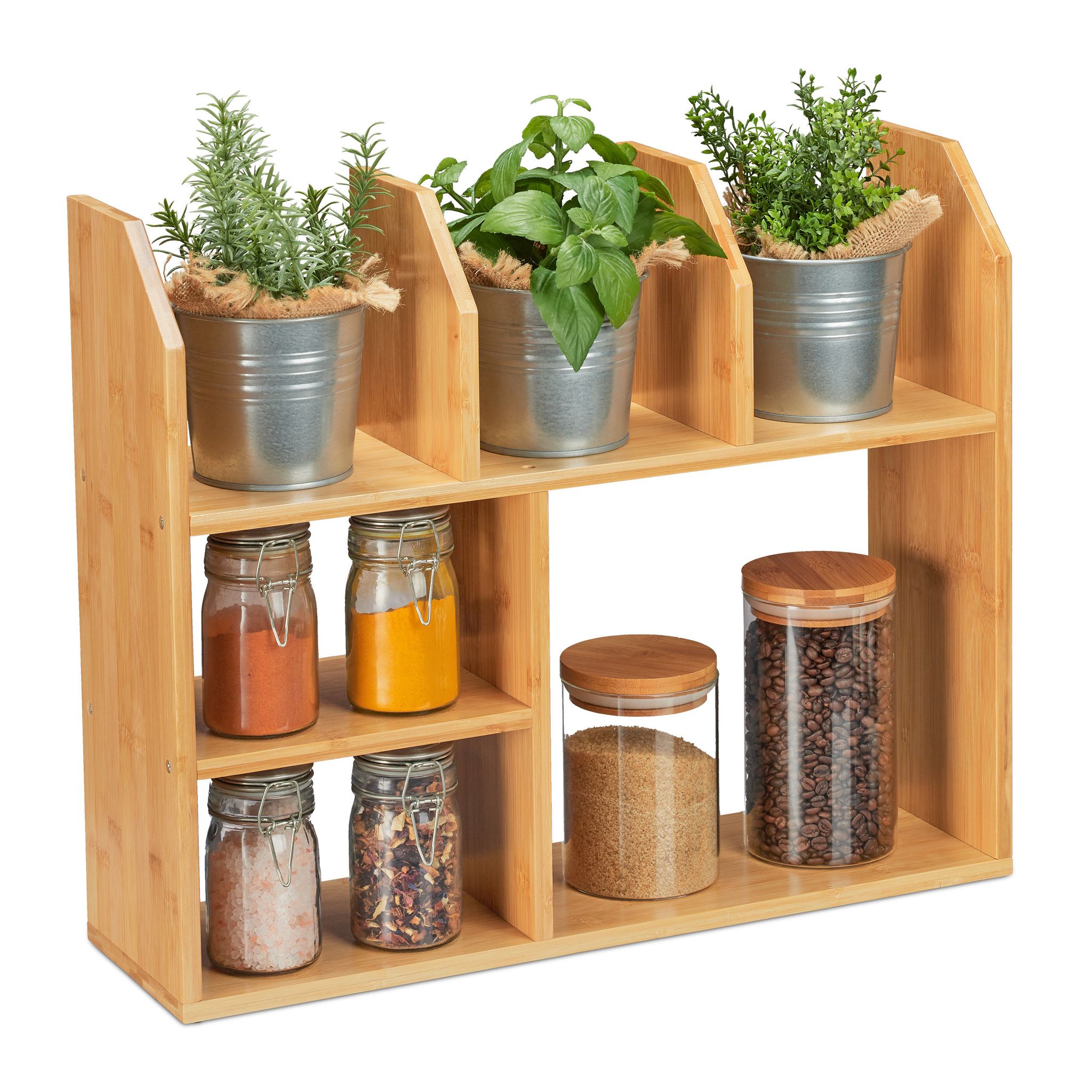 Relaxdays Mensola In Bambù, 6 Scomparti, 45,5 X 55 X 16 Cm Ripiano Autoportante In Cucina Porta Spezie, Bagno, Naturale