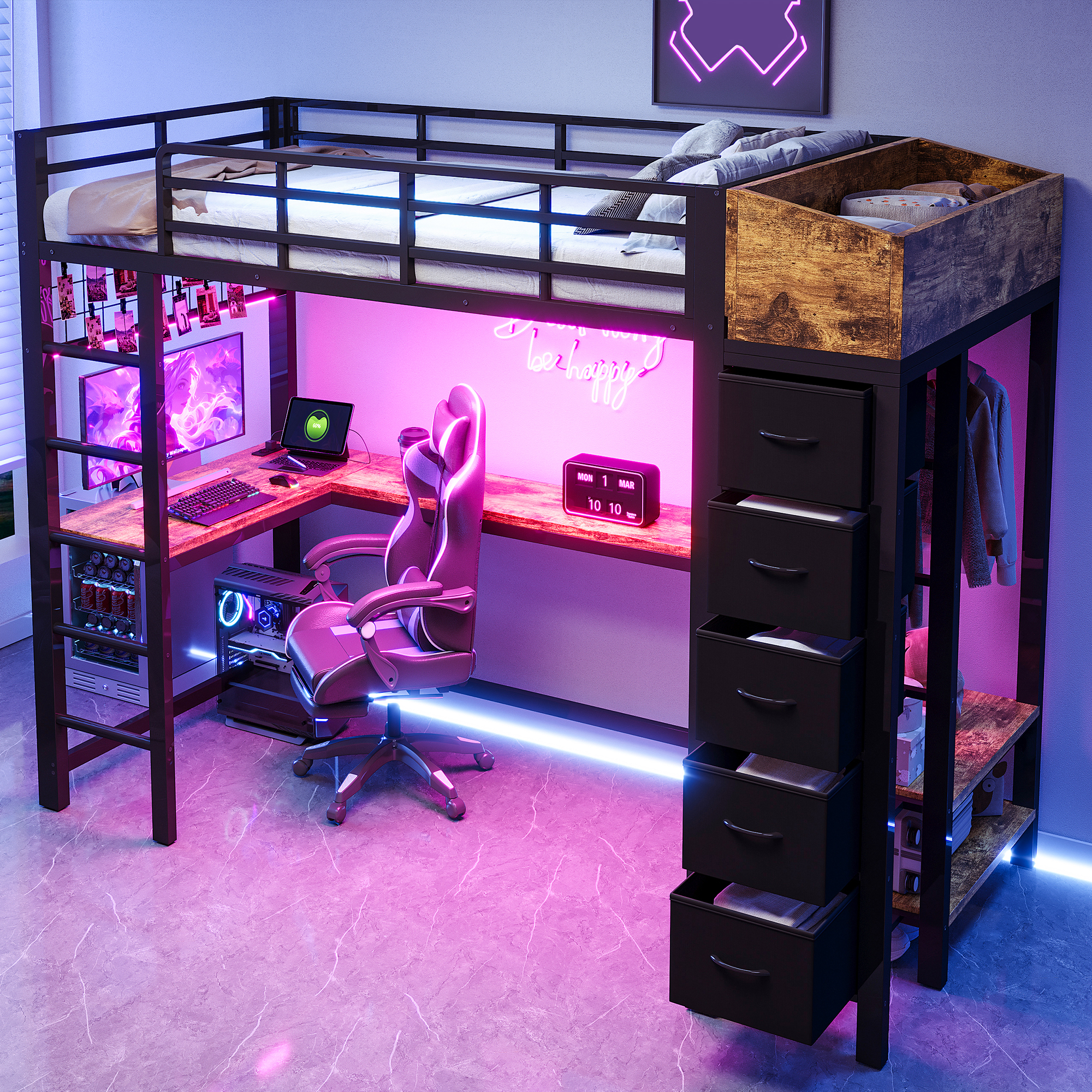 Lit Superposé En Métal 90x200 Cm Avec Bureau Gaming