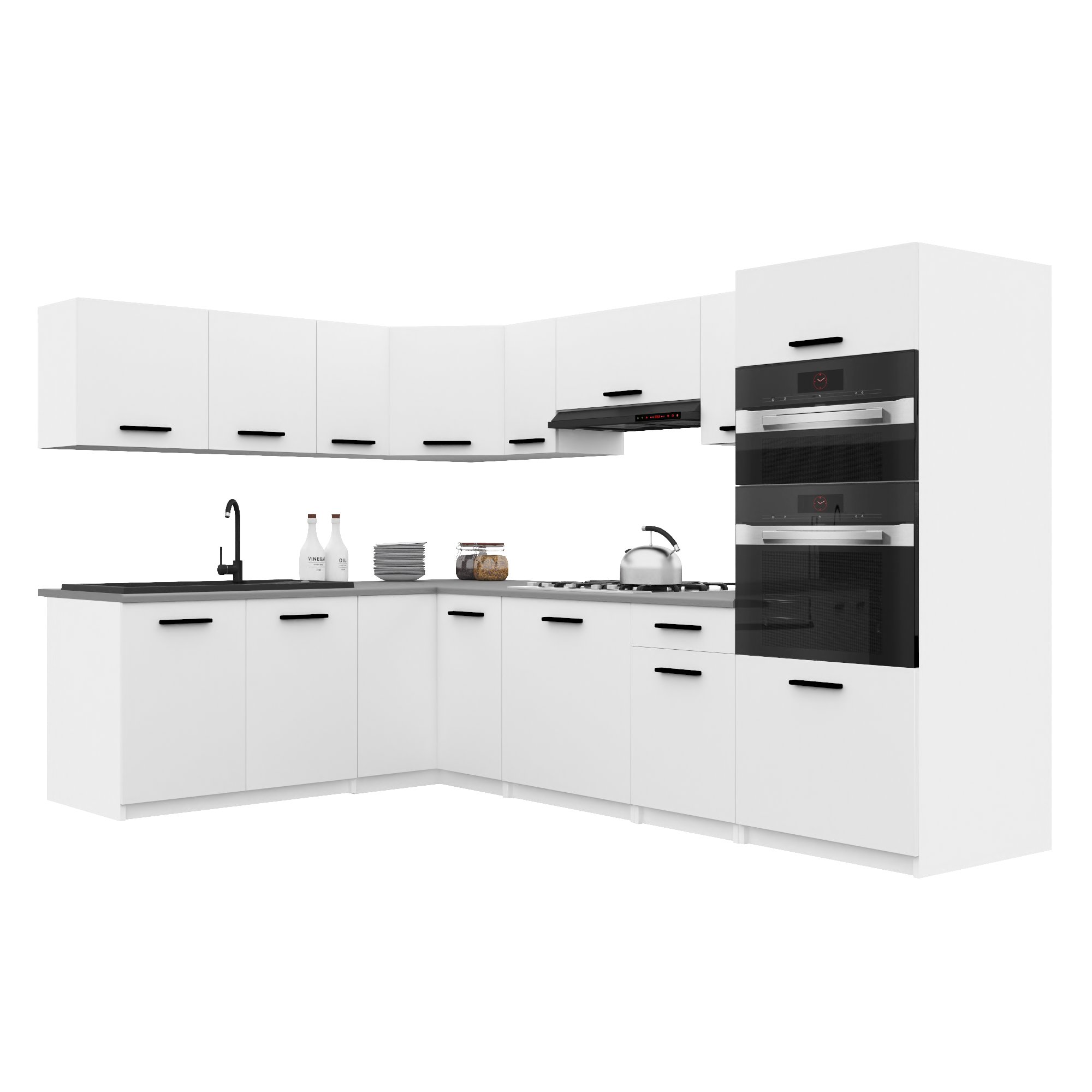 Belini Italia 8 Cuisine Equipée Modulaire Complète - 420 Cm. Meubles Hauts Bas Avec Plan De Travail, Blanc Mat