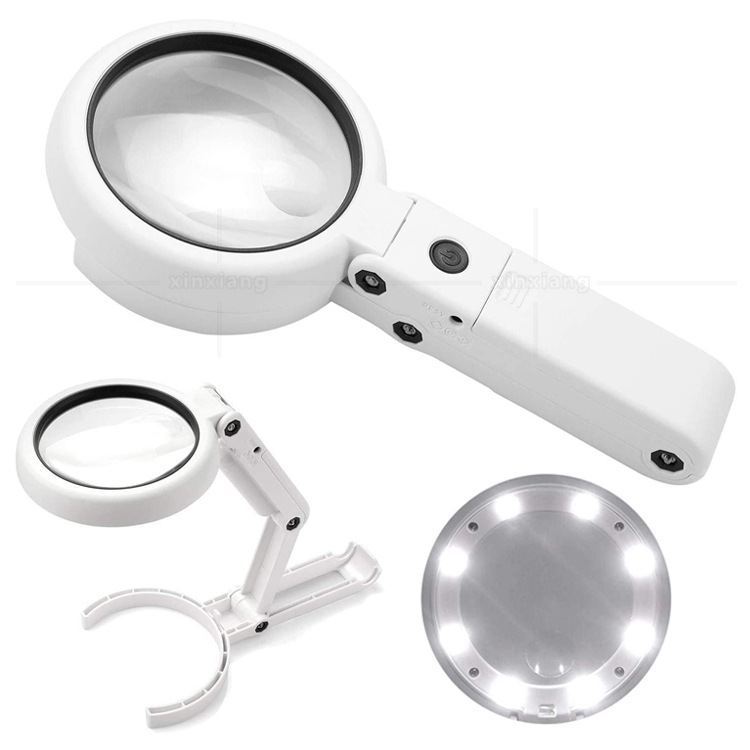 Loupe à main ou de table 5x avec 8 LED, support pliable et chiffon pour lentilles