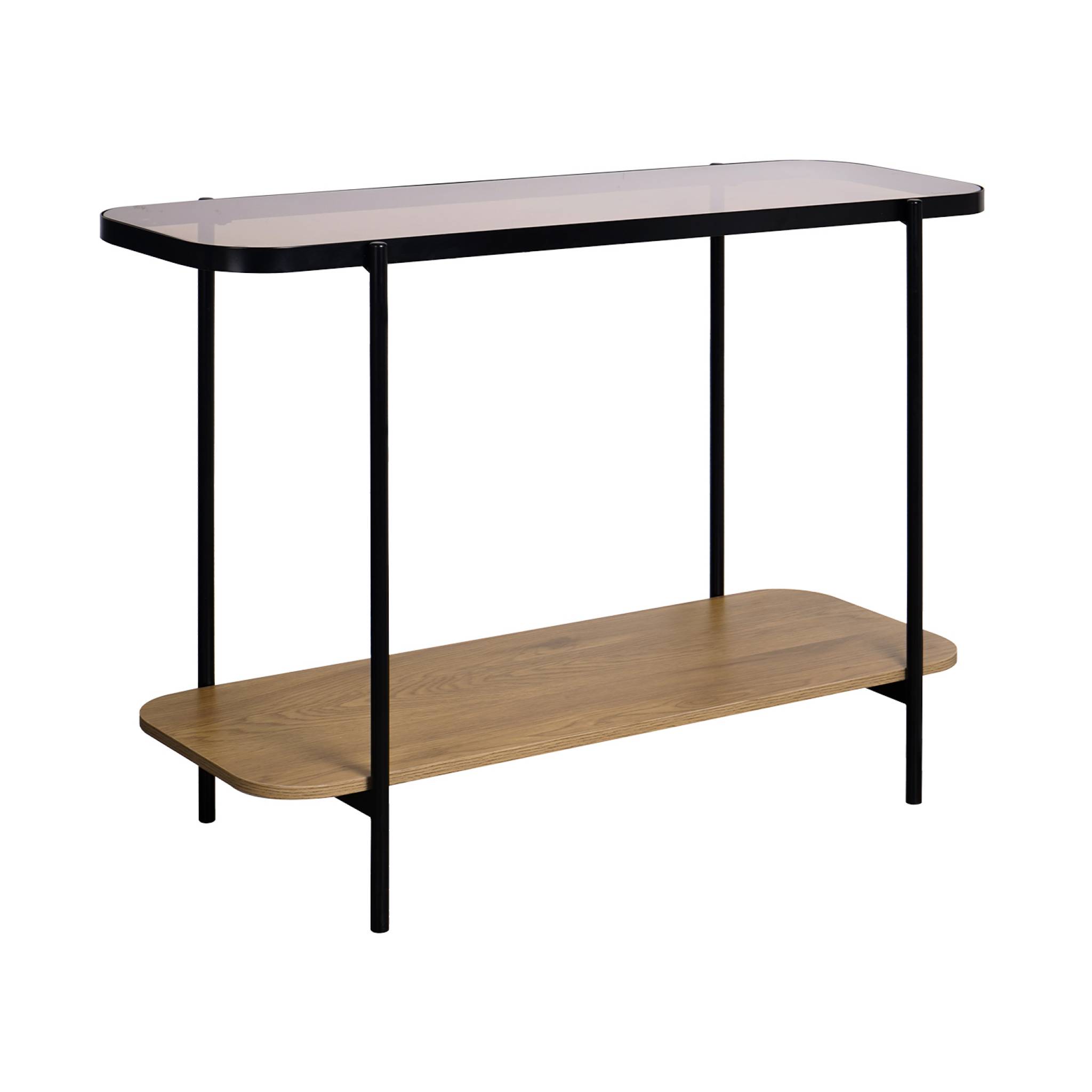 Console Vintage En Métal Noir Avec 2 Plateaux (verre Et Décor Bois).