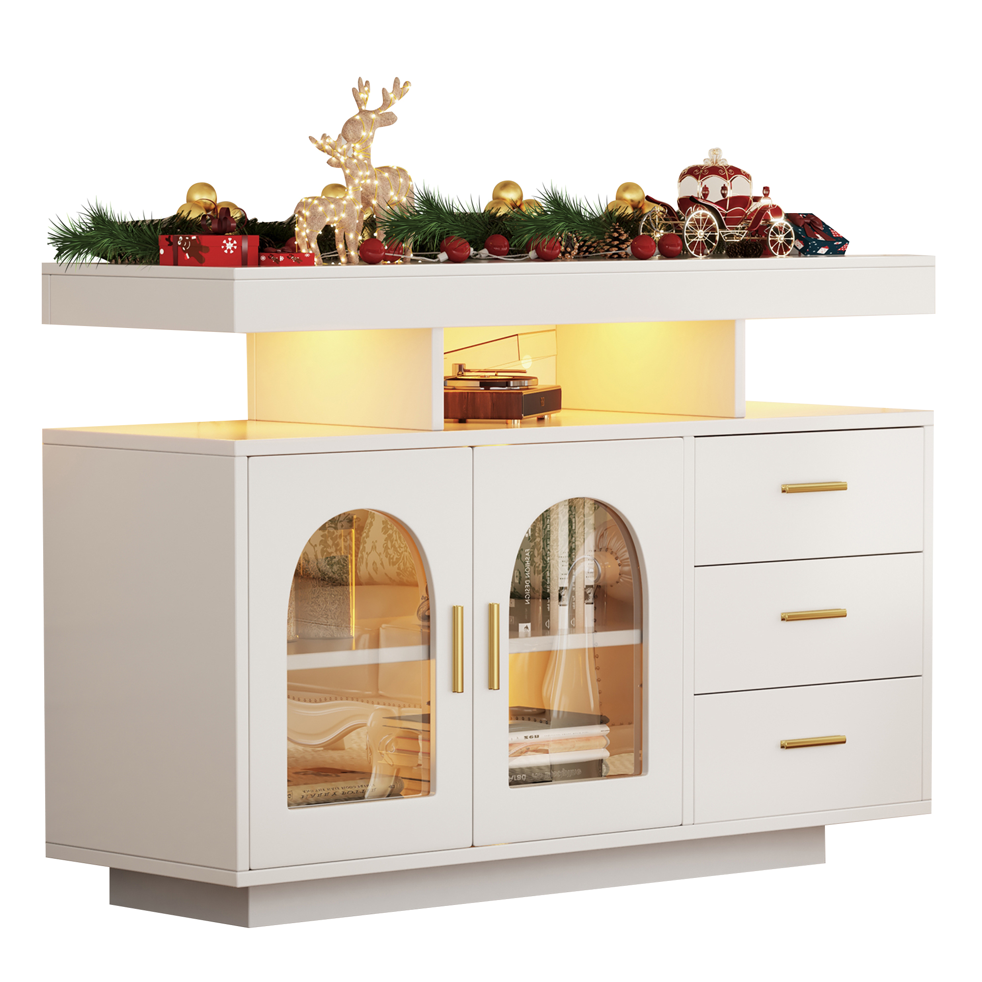 Stilvora Küchenbuffet Mit 3 Schubladen, 2 Türen, 4 Offenen Fächern Und Led, Hochglanz, Für Küche Aus Spanplatte 120×40×80 Cm Weiß