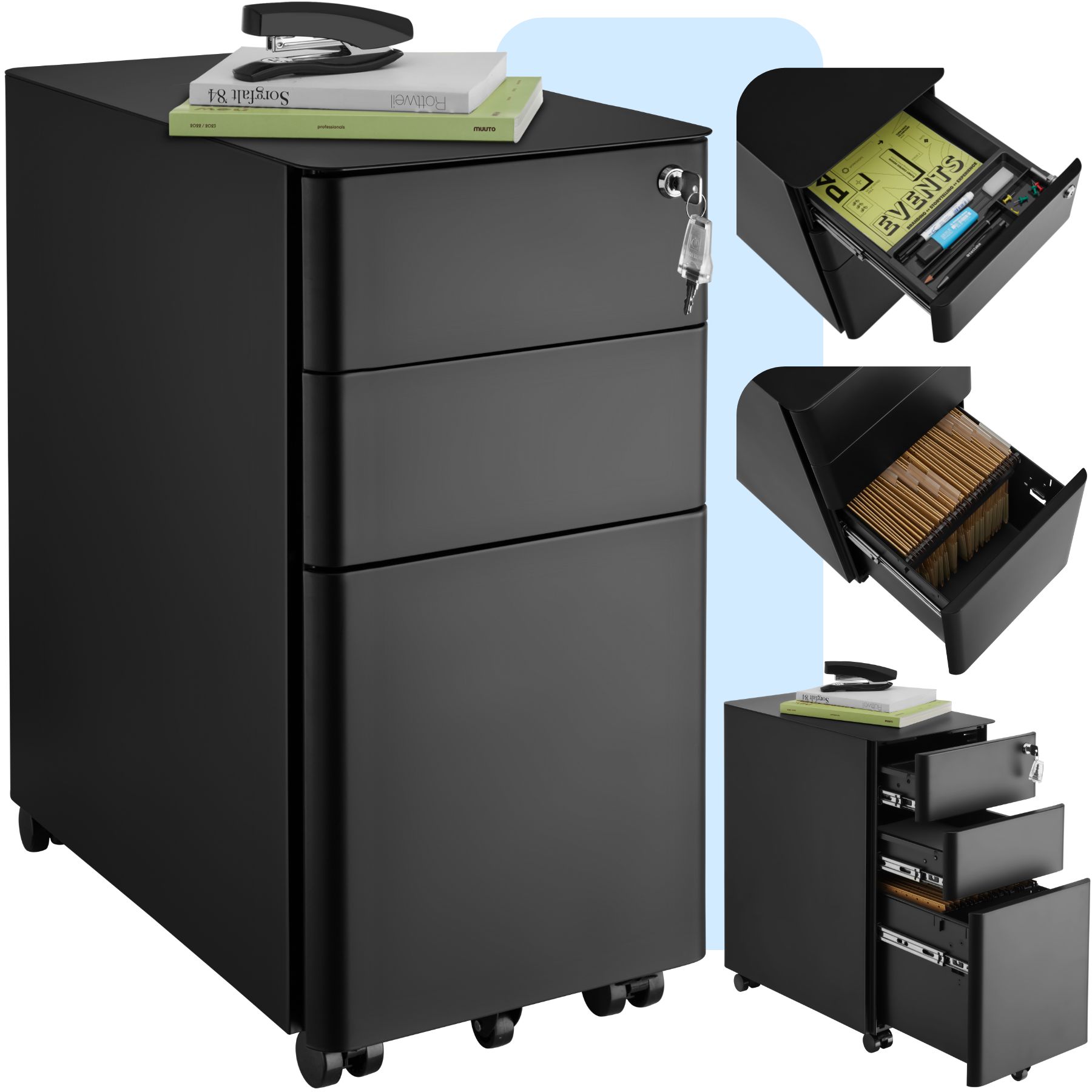 Tectake - Caisson De Bureau À Roulettes En Acier Laqué Époxy 2 Tiroirs