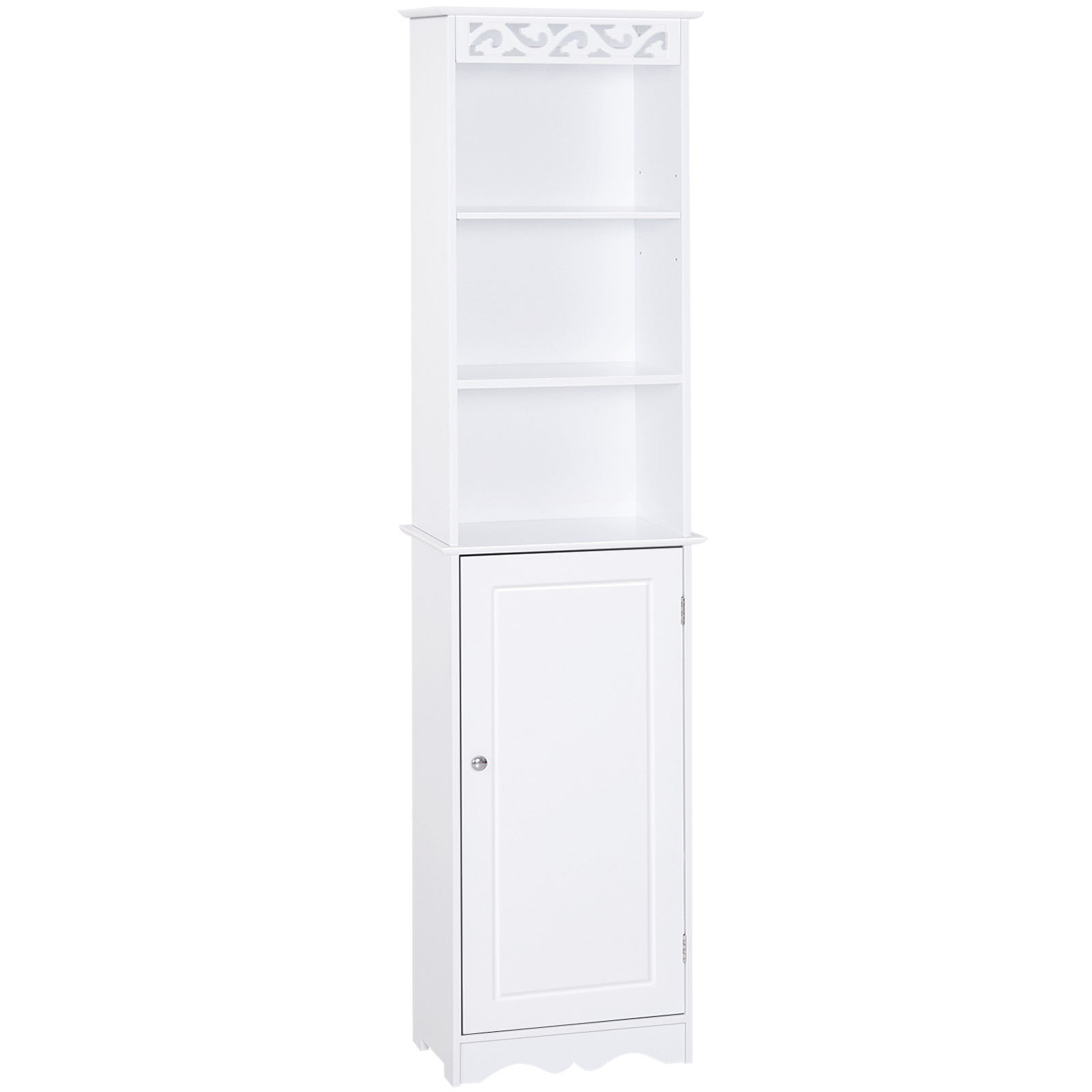 Colonne De Rangement Pour Salle De Bain, 3 Étagères Réglables Sur 3 Niveaux Et 1 Grand Meuble Bas, Poignées Sur La Porte, Mdf Blanc, 40 X 23 X 160 Cm