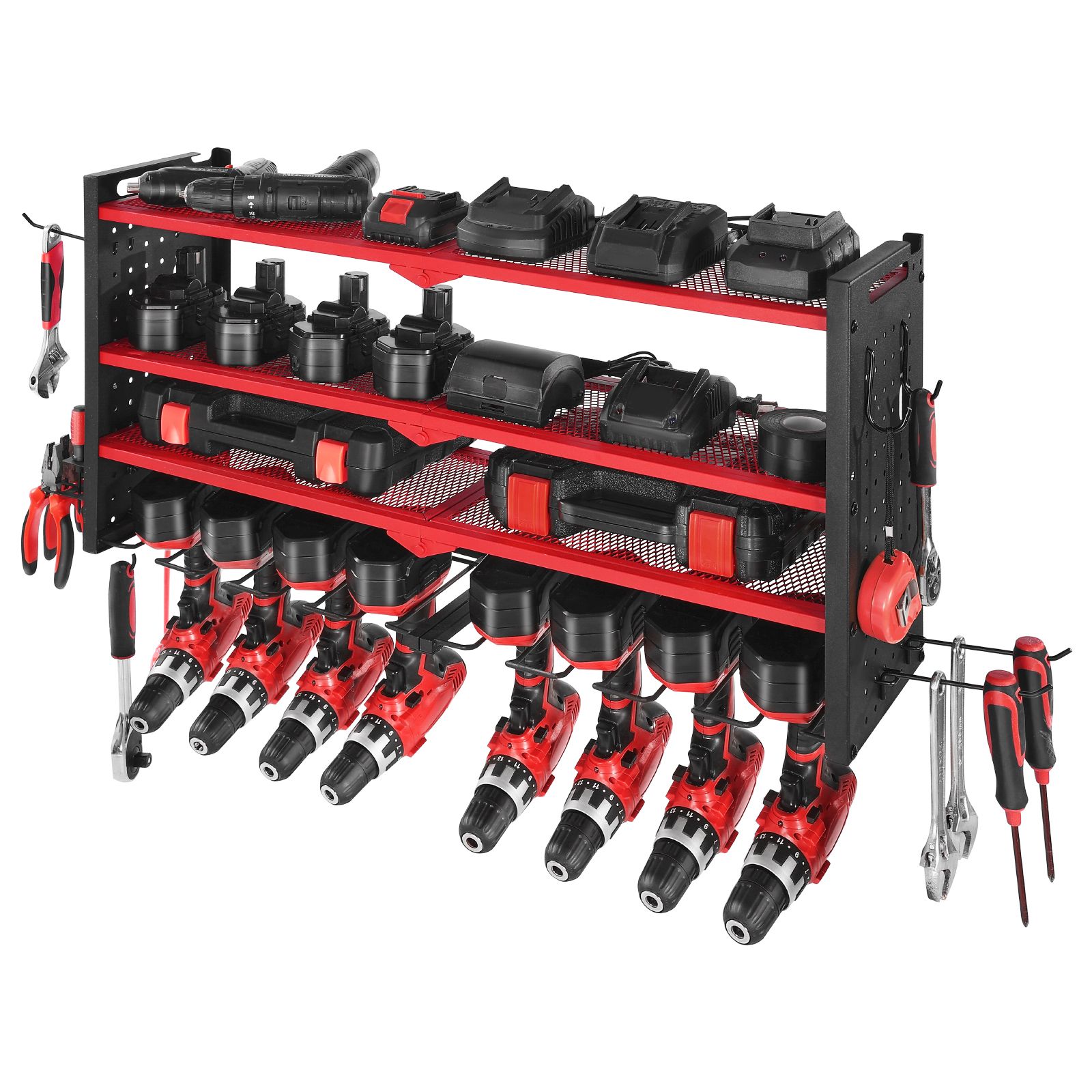 Support mural pour outils 4 niveaux avec 8 porte-perceuses et panneaux perforés, acier, lot de 1