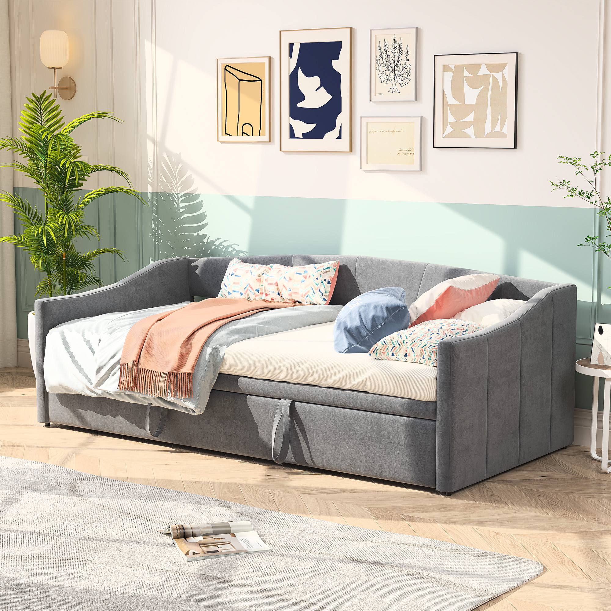 Lit Gigogne 90x200 Cm Canapé Lit Convertible Velours Doux Structure
