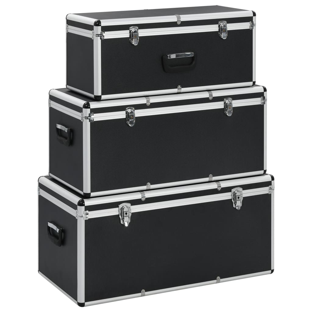 Ensemble de 3 boîtes de rangement et transport en aluminium, ABS et bois, noir, verrouillables avec clés