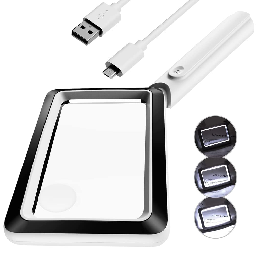 Loupe à main rectangulaire 4x avec lampe 20 LED, batterie rechargeable 1000 mAh, 3 modes de luminosité, ambidextre