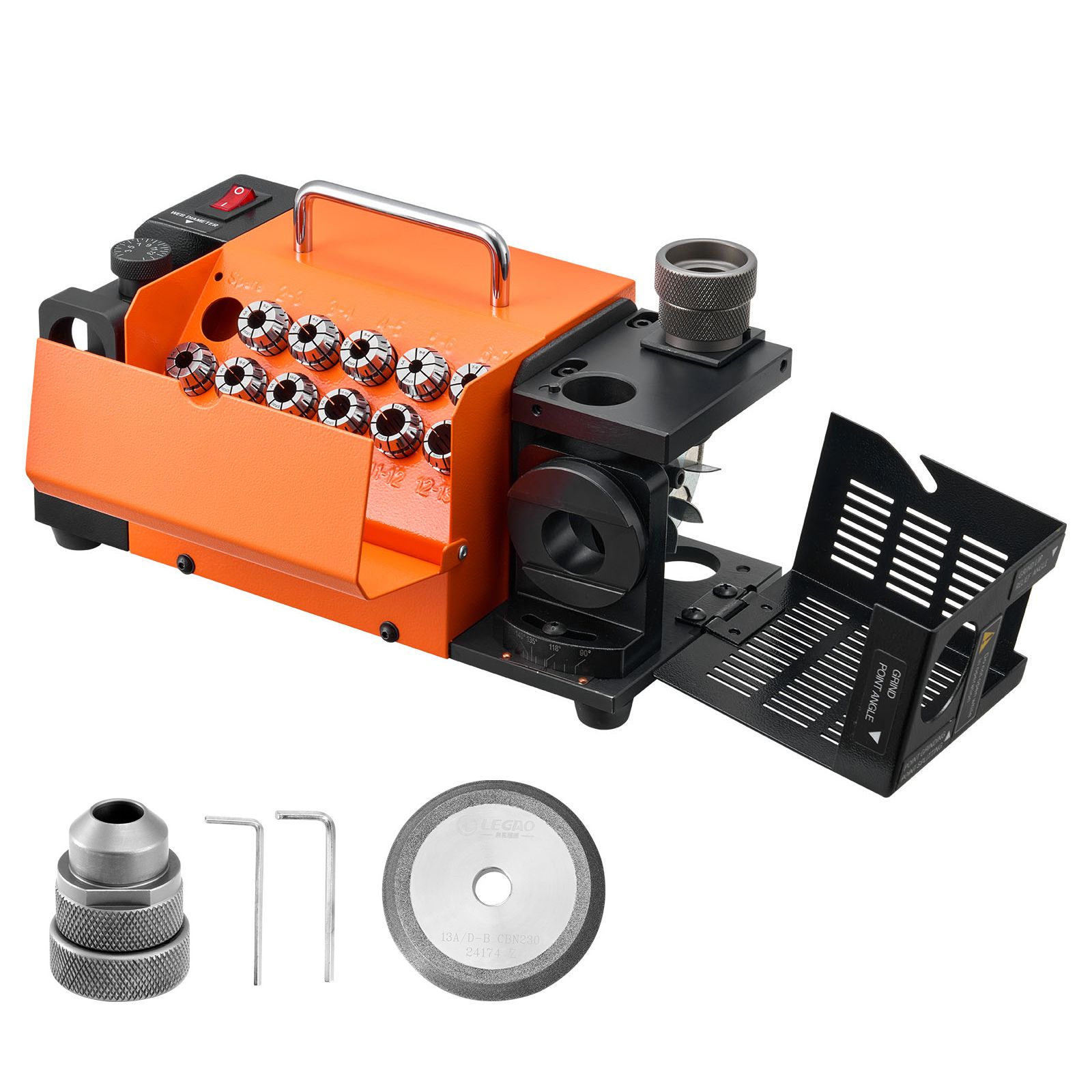Affûteur de forets 3-13 mm avec 11 pinces, meule CBN, angle réglable 95°-135°, 4600 tr/min