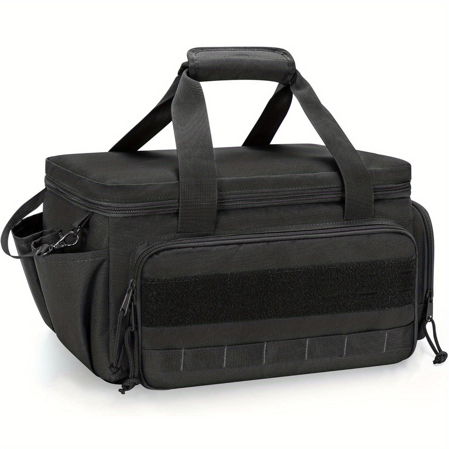 Sac à outils en nylon ripstop avec poches zippées, compartiment principal, sangles élastiques, mousqueton, noir