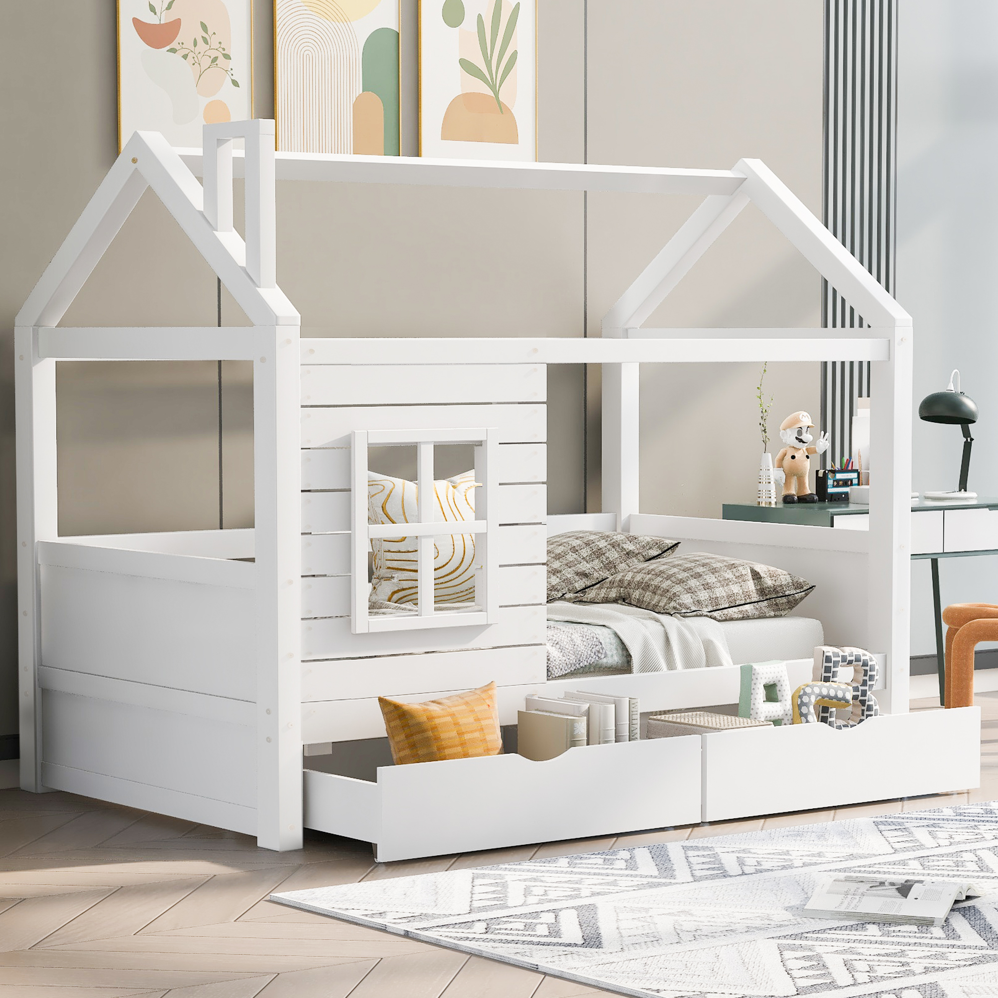 Modernluxe – Lit Cabane 90x200 Cm En Bois Massif Avec 2 Tiroirs