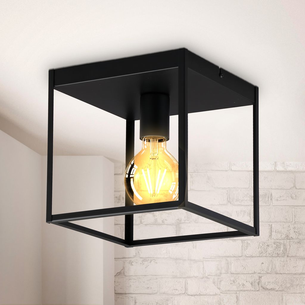 B.k.licht Plafonnier Rétro Cage Métal Noir Mat 1 Flamme Carré 22x22 Cm