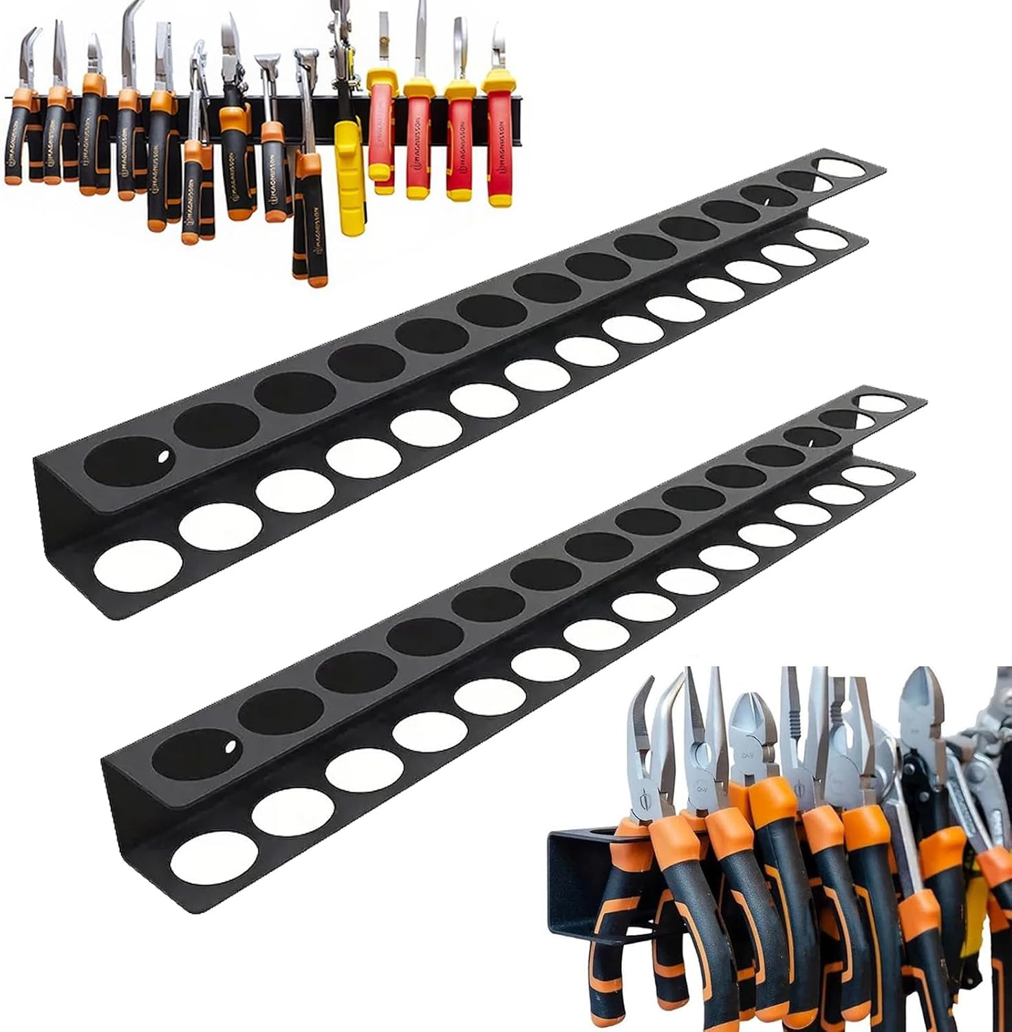 Support mural pour outils en acier, 14 trous, double couche, noir, lot de 2