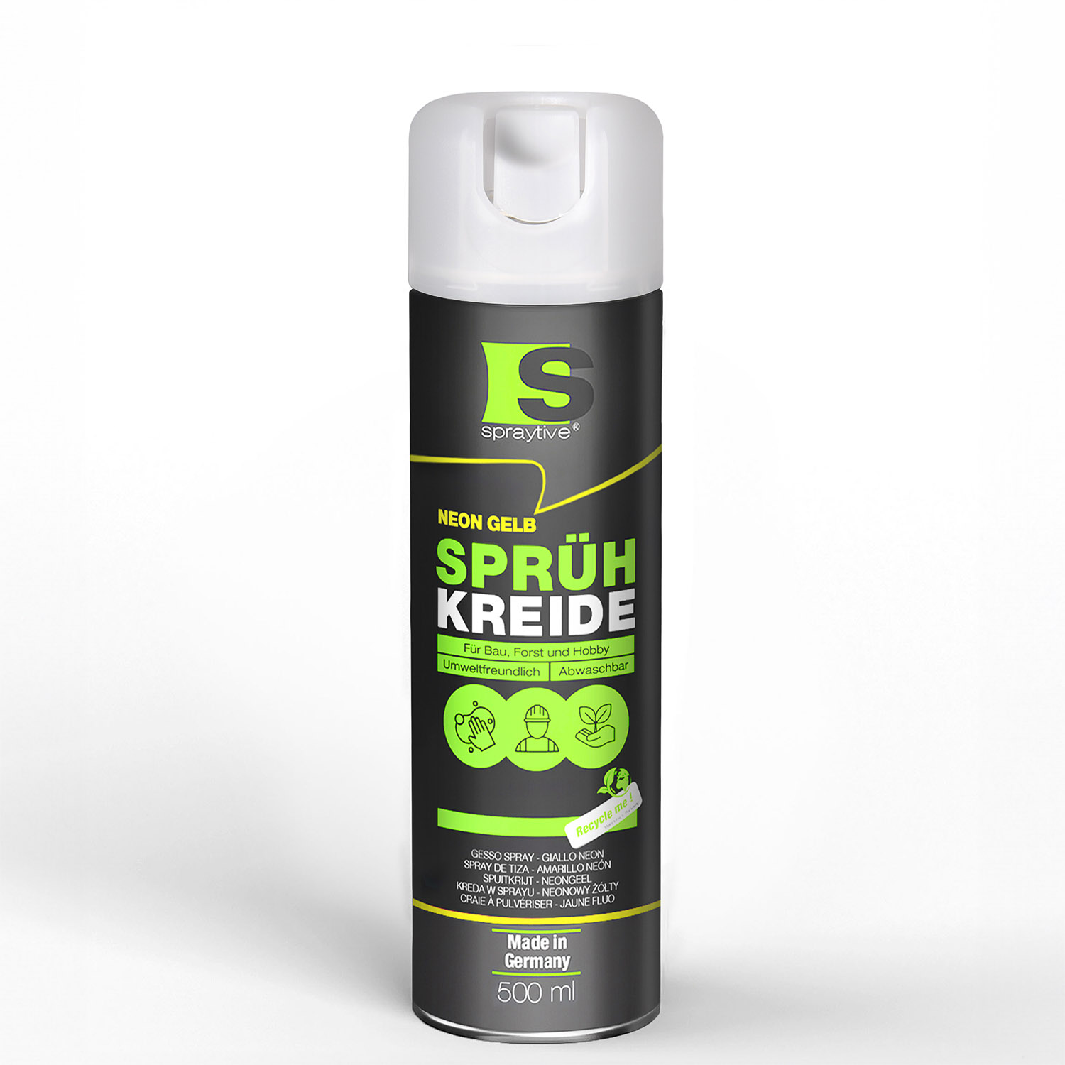 Spraytive 1x 500ml Sprühkreide Neon-gelb - Abwaschbare Leuchtende Kreidefarbe, Outdoor Kreidespray, Bodenmarkierung, Temporäres Markierungsspray