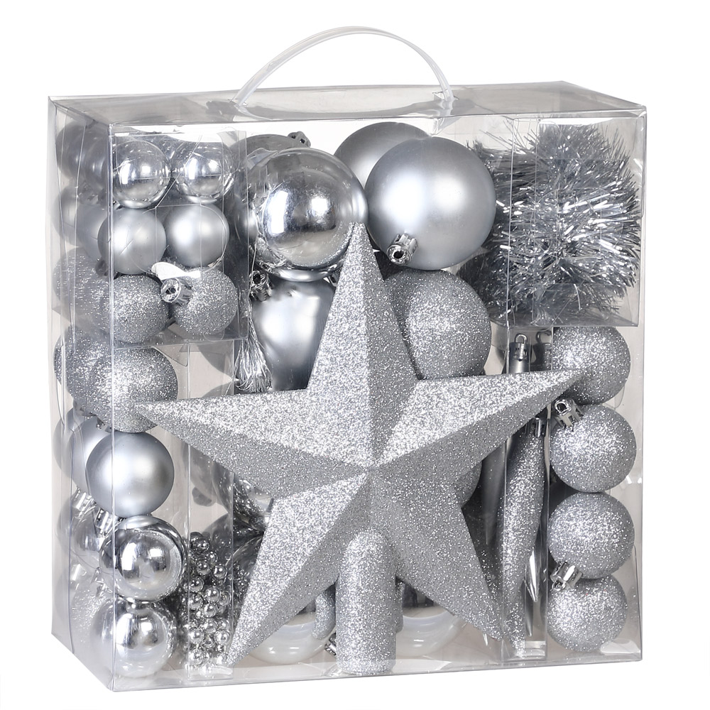 Casaria® Weihnachtskugeln 77er Set Kugeln Girlande Weihnachtsstern Kette Christbaumkugeln Weihnachtsbaumkugeln Silber