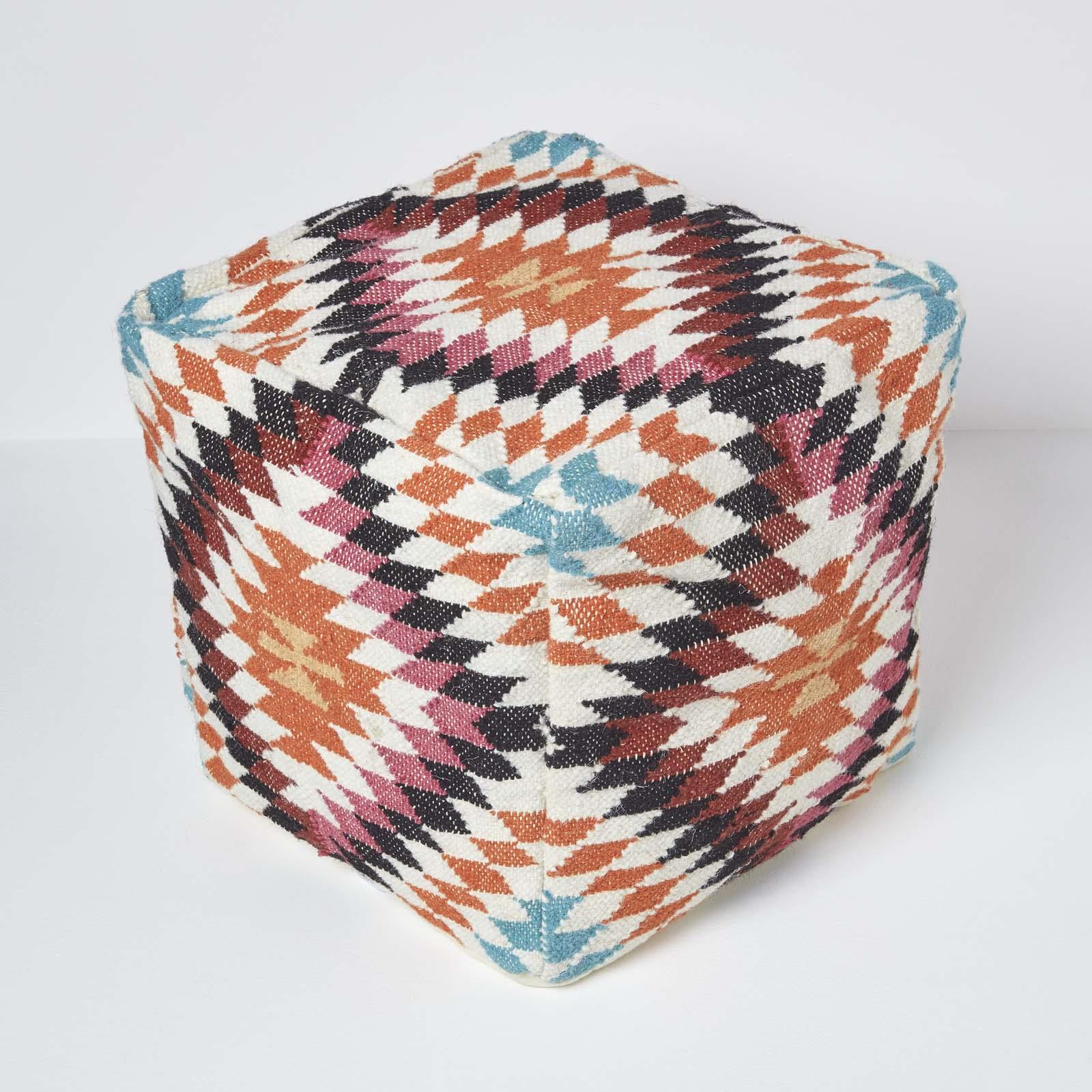 Homescapes - Manila Orange And Pink Kilim Footstool Handwoven Beanbag Pouffe 43 X 43 Cm