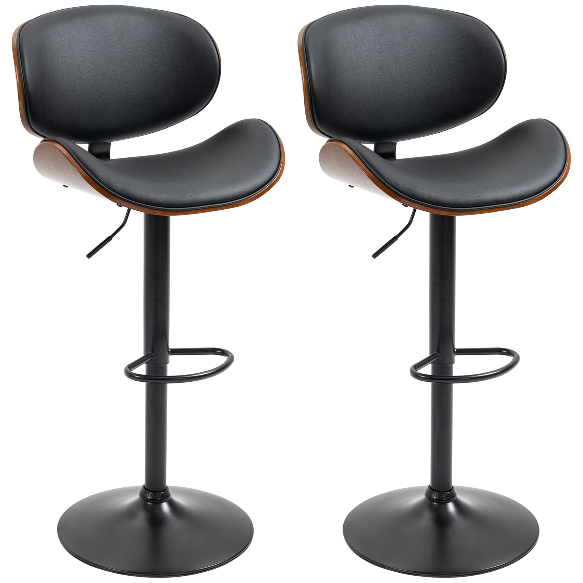 Homcom - Lot De 2 Tabourets De Bar Design Contemporain Hauteur D'Assise Réglable 62-82 Cm Pivotant 360° Bois Revêtement Synthétique Noir