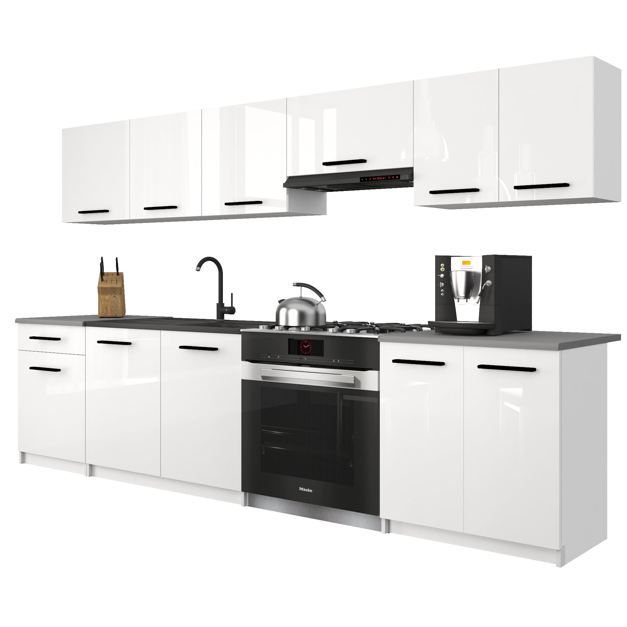 Belini Italia 2 Cuisine Equipée Modulaire Complète - 240 Cm. Meubles Hauts Bas Avec Plan De Travail, Blanc Très Brillant