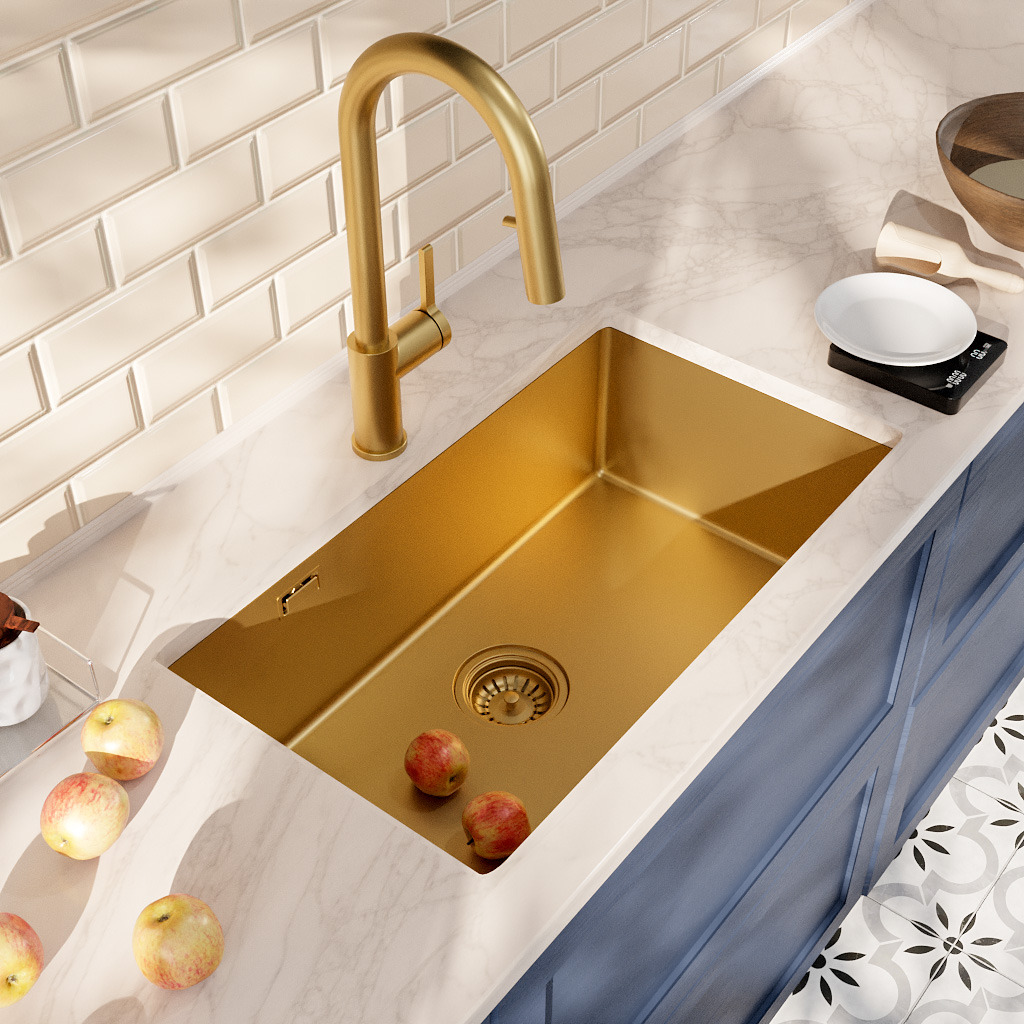 Ceramia Unterbau-spüle 68x45 Cm + Armatur Mit Brause, Edelstahl, Gold Gebürstet, Variante 2