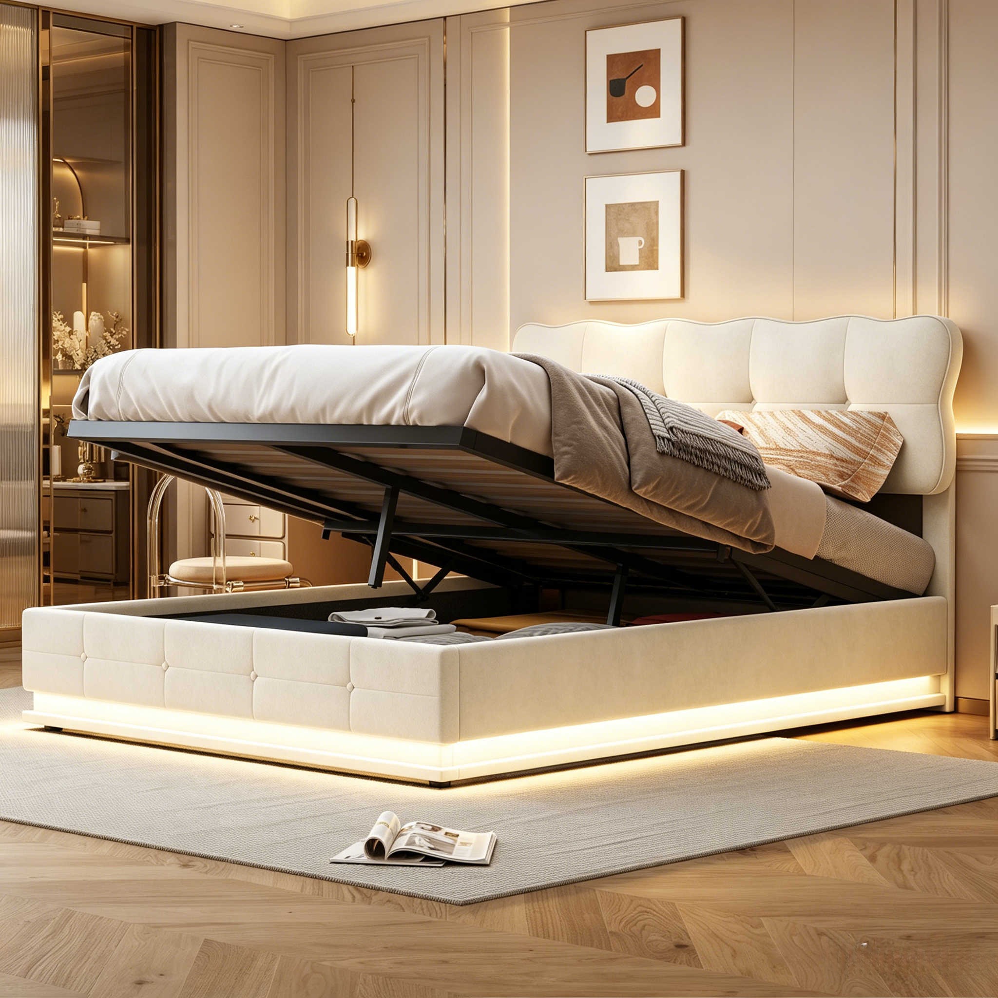 Lit Adulte 140x190cm – Tissu Velours – Lit Coffre – Éclairage Led