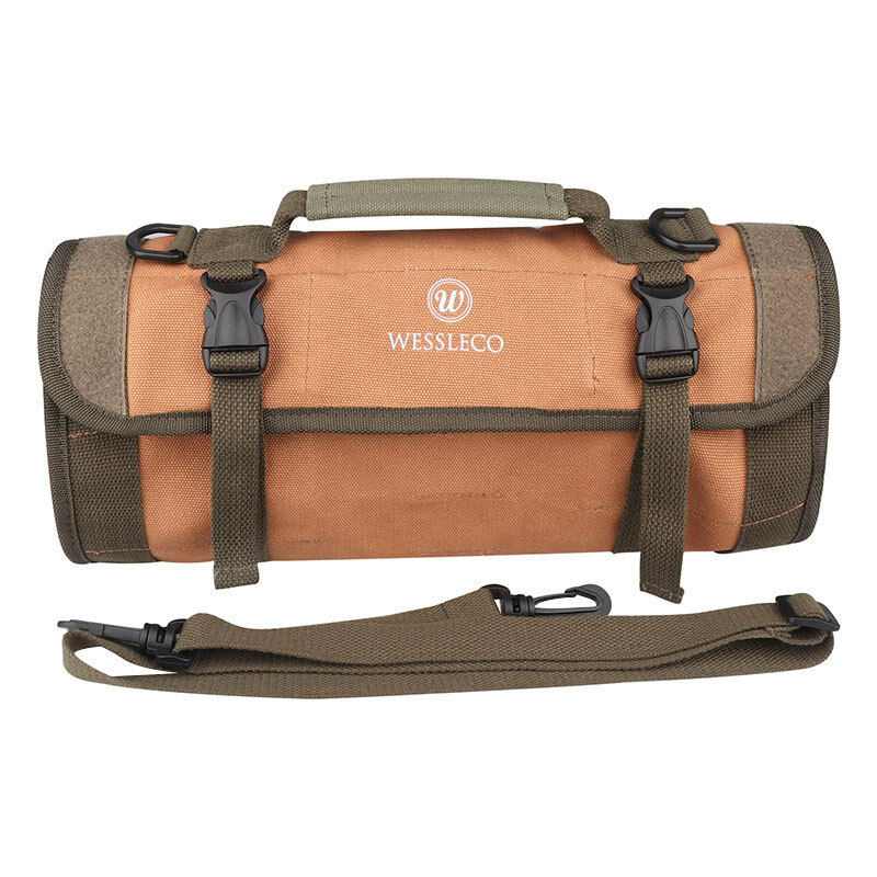 Sac à outils enroulable en toile, 24 poches, bandoulière réglable, marron