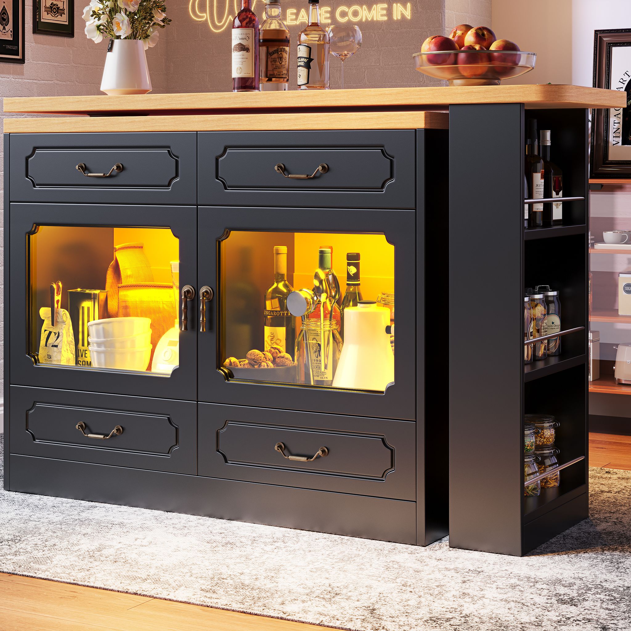 Stilvora Bartisch Ausziehbar Mit 4 Schubladen Und Seitenregal, Led Und Drehplatte, Aus Mdf, 135-203x39x92, 8 Cm