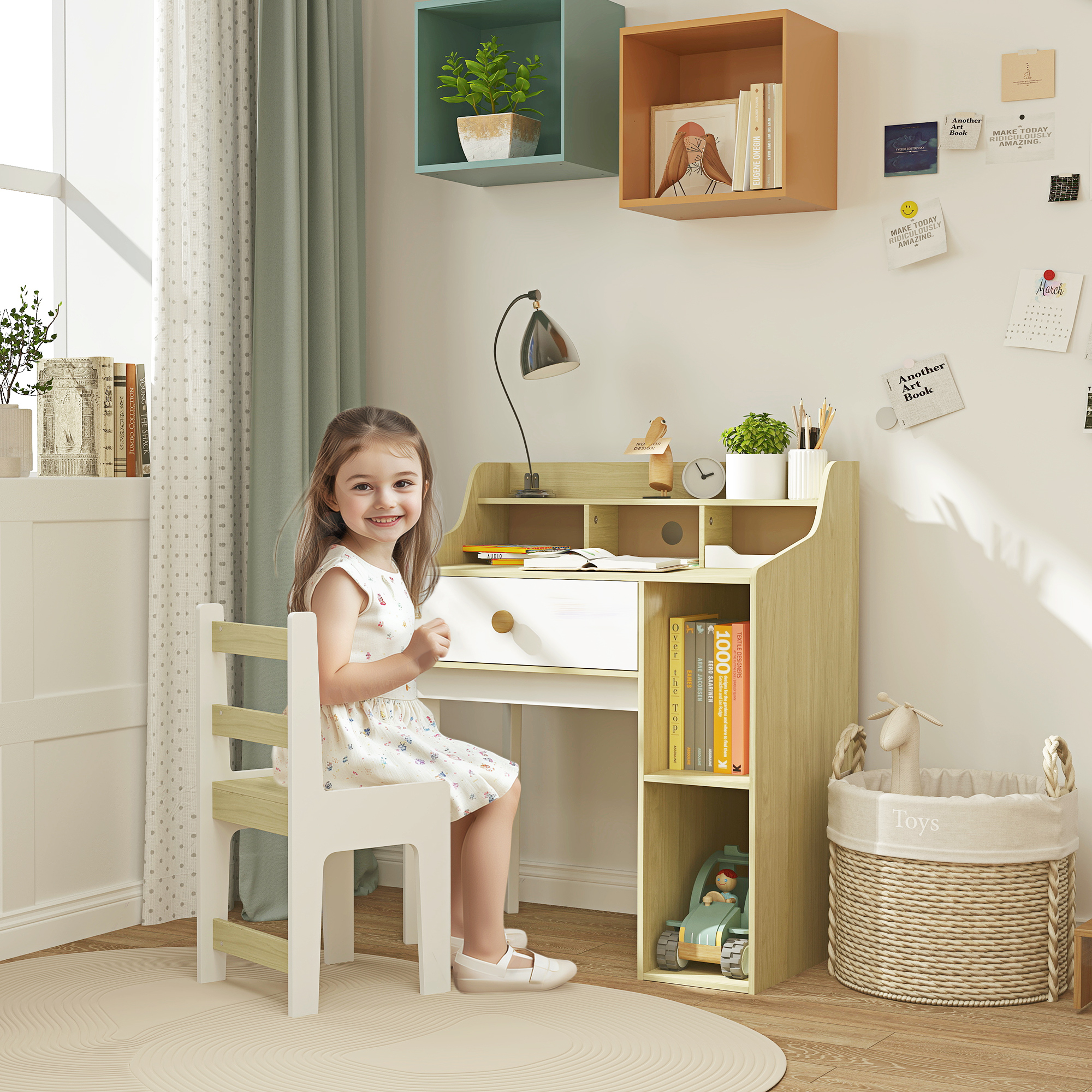 Ensemble Bureau Et Chaise En Bois Pour Enfants, Avec Étagère Et Tiroir, 3-10 Ans, Blanc Et Bois