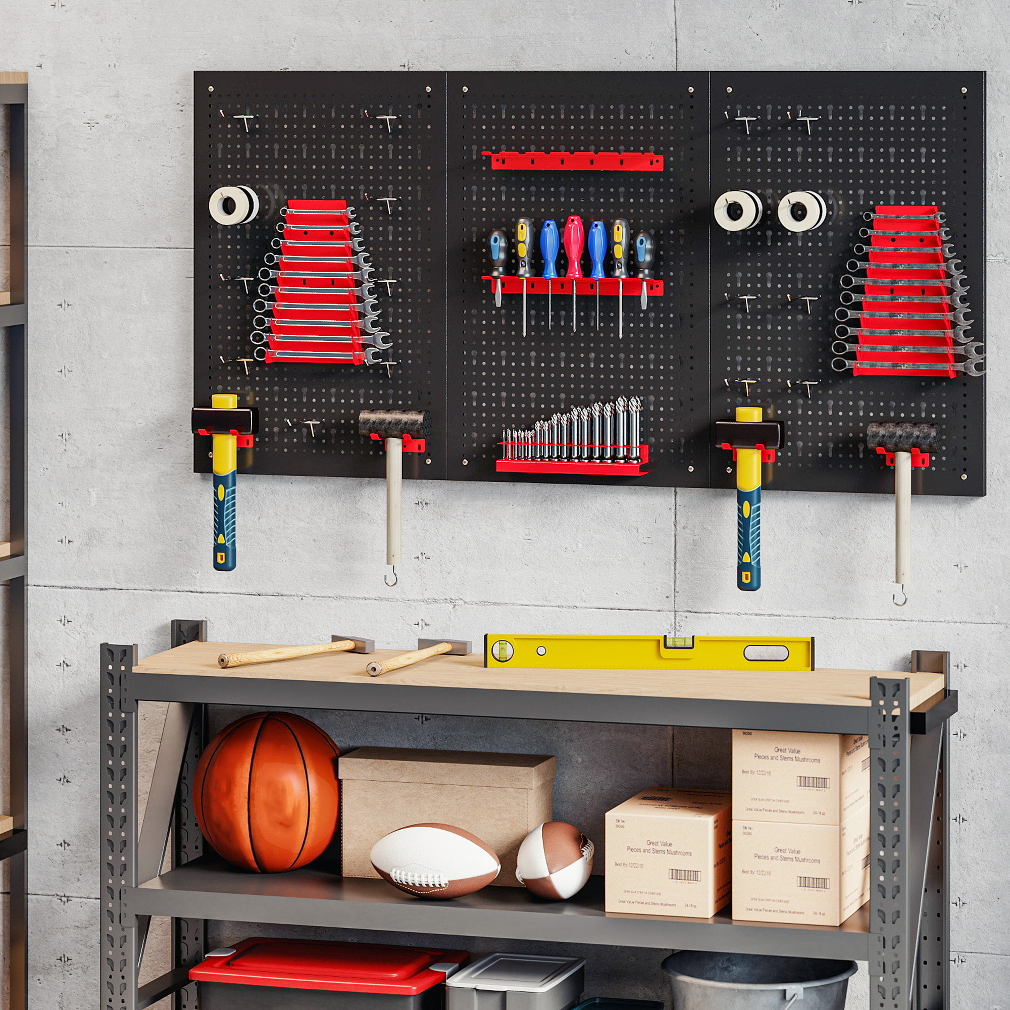 Panneau mural de rangement acier 60 x 40 cm, 3 panneaux modulables avec crochets et étagères, lot de 28 pièces