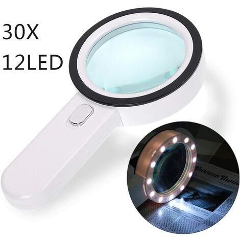 Loupe à main 30x avec 12 LED, lentille en verre double couche